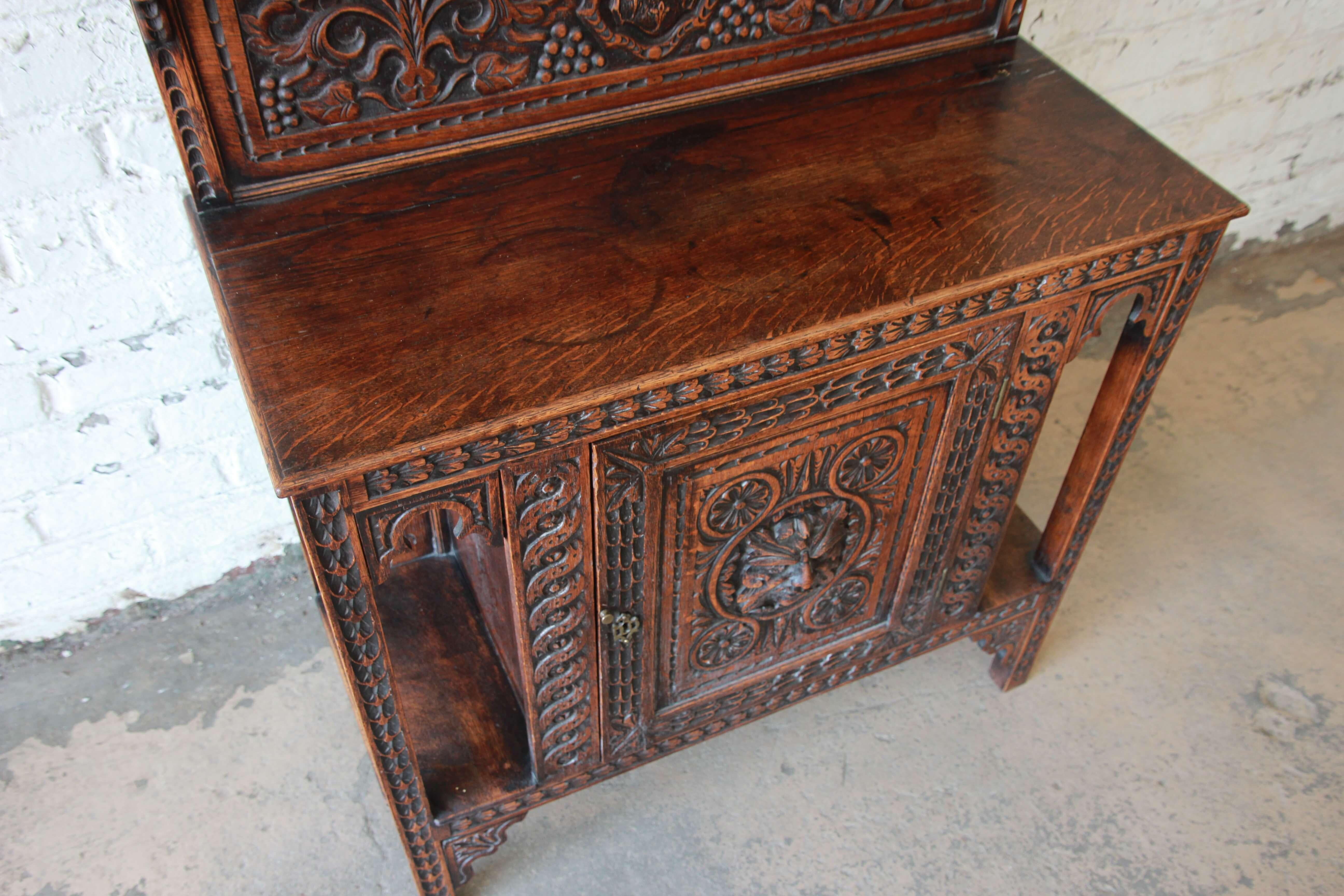 19th Century English Ornate Carved Oak Sideboard Bar Cabinet 3