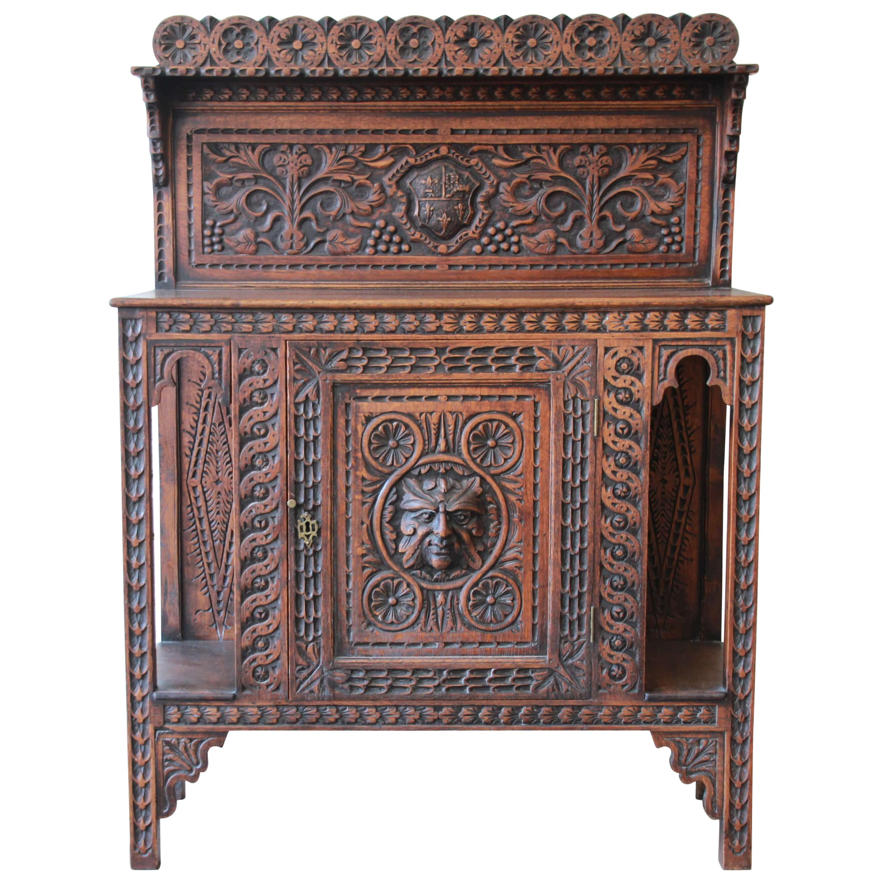 19th Century English Ornate Carved Oak Sideboard Bar Cabinet