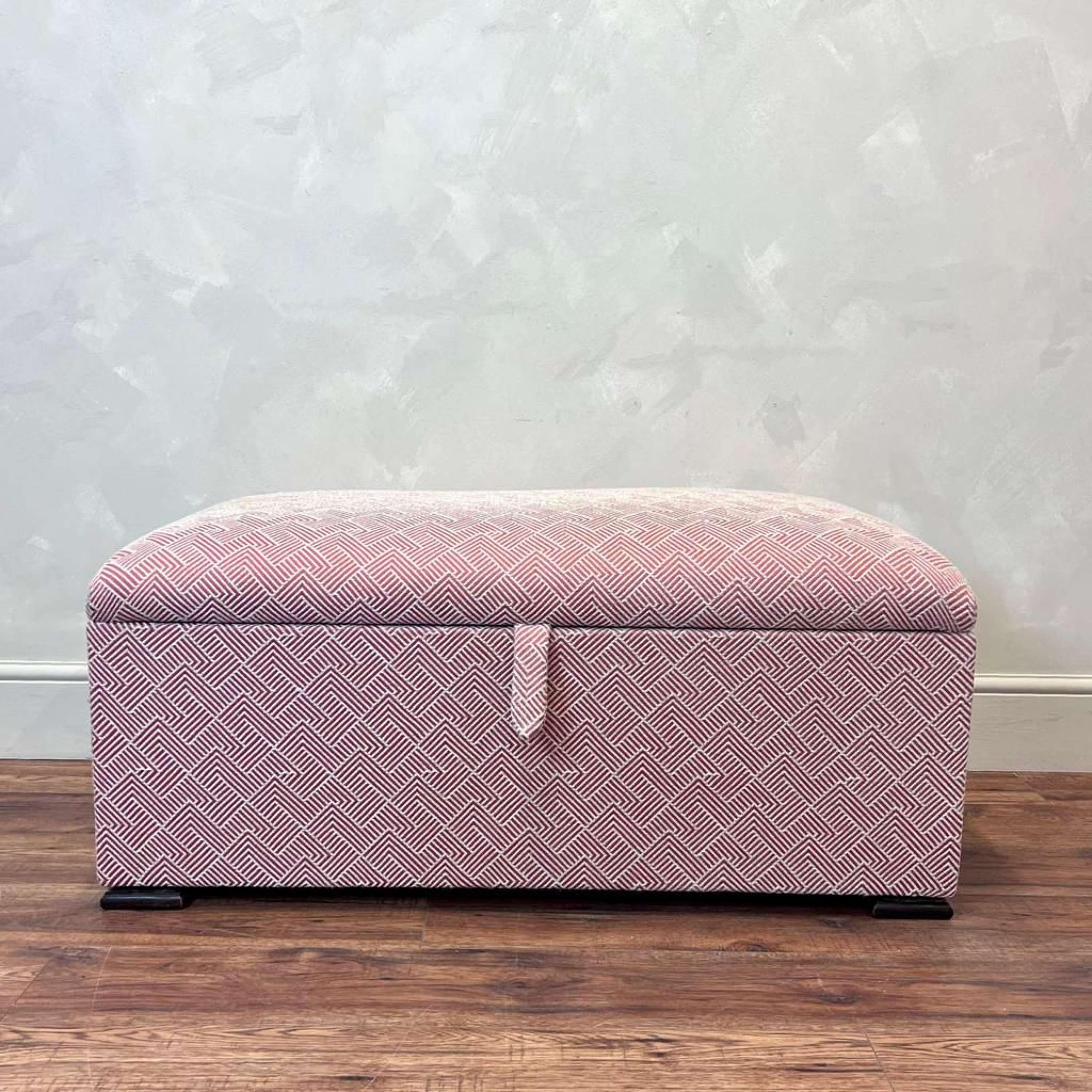 19th Century English Ottoman Footstool, newly upholstered in quality bespoke Kit Kemp geometric fabric.
Complete with fabric lid handle.
Lined with calico.

Length - 107.5 cm
height - 50 cm
Depth 54.5 cm
Please message if any further info or photos
