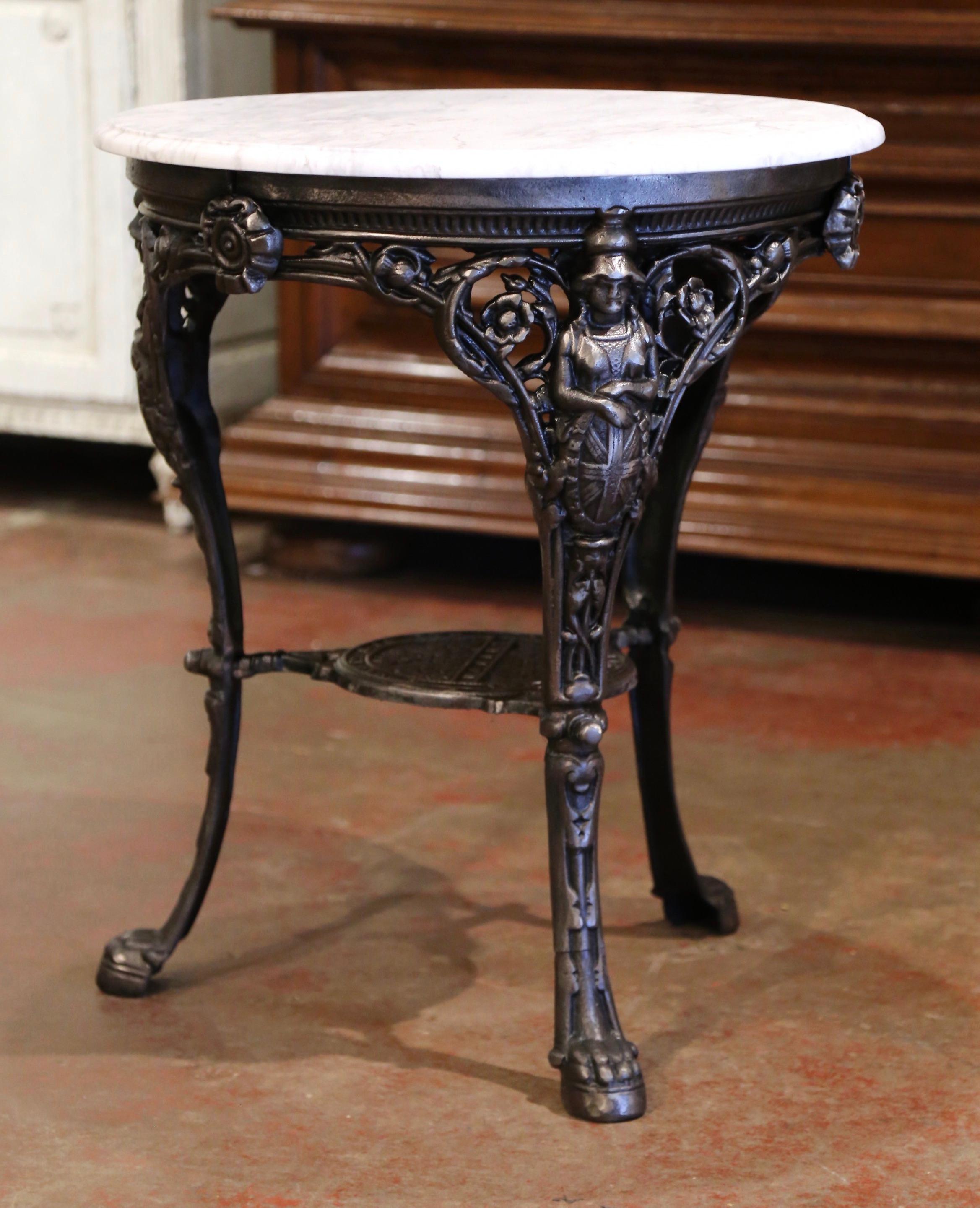 Hand-Crafted 19th Century English Outdoor Polished Iron Pub Gueridon Table with Marble Top