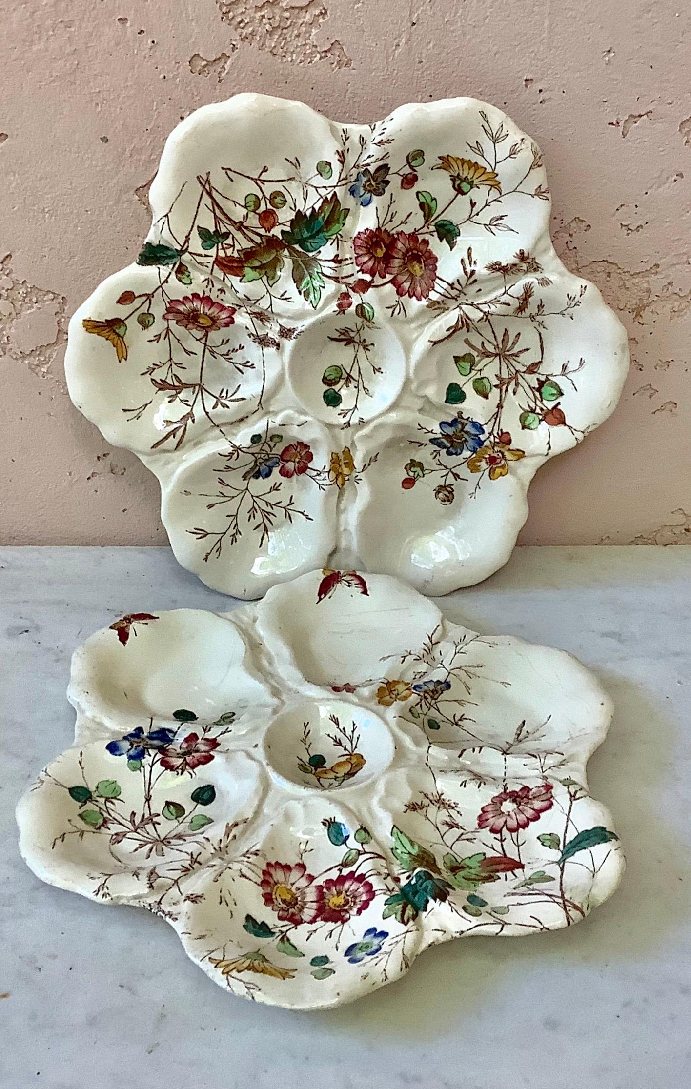 Ceramic 19th Century English Oyster Plate with Flowers and Butterfly
