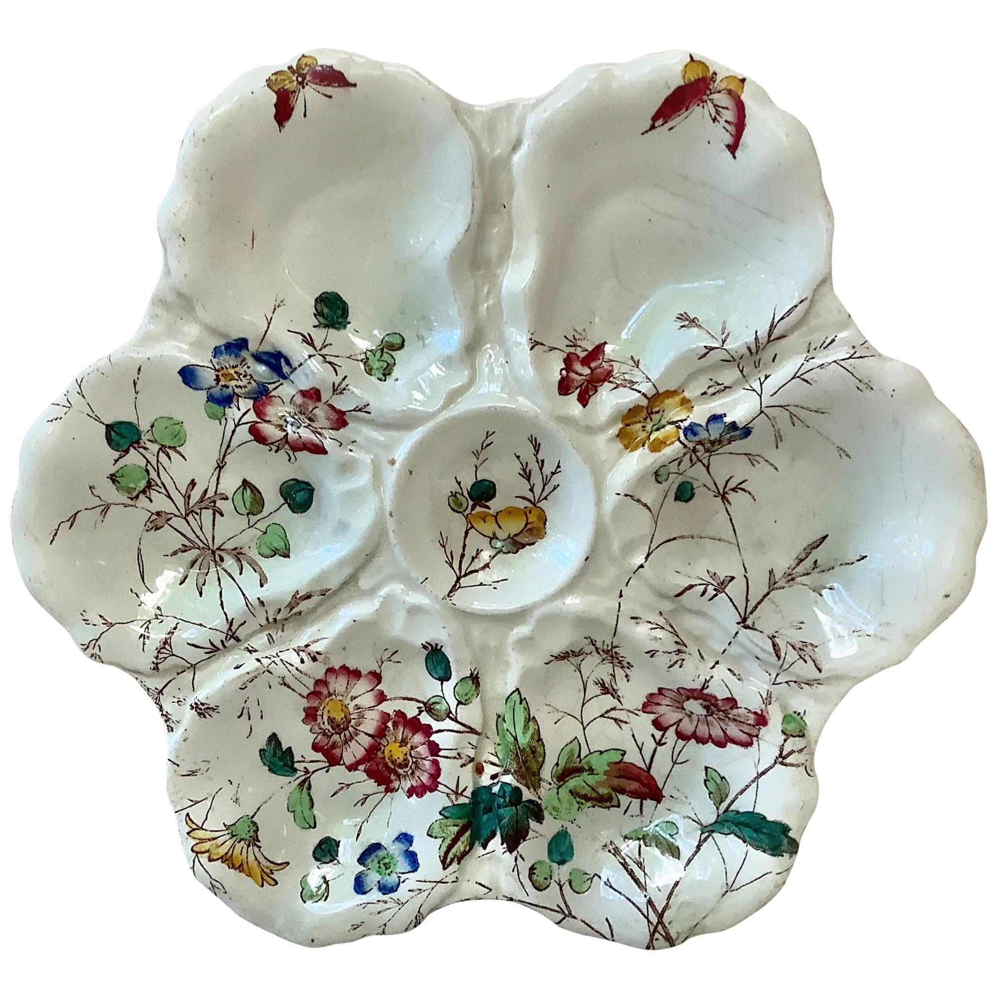 19th Century English Oyster Plate with Flowers and Butterfly