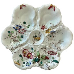 19th Century English Oyster Plate with Flowers and Butterfly