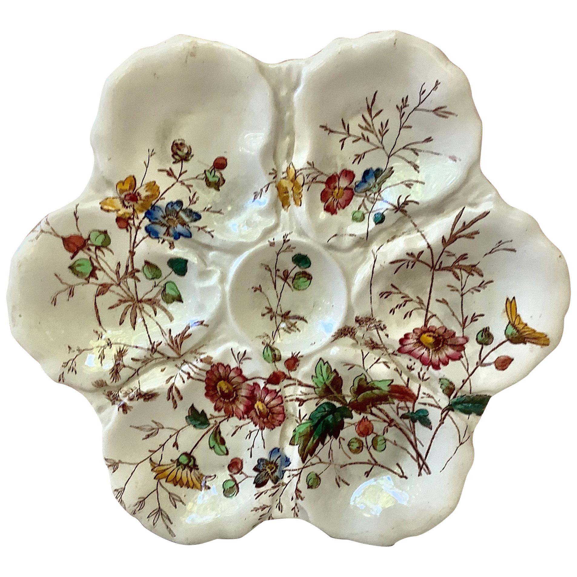19th Century English Oyster Plate with Flowers