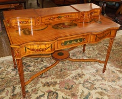 19th Century English Paint Decorated Adam Style Satinwood Writing Table Desk
