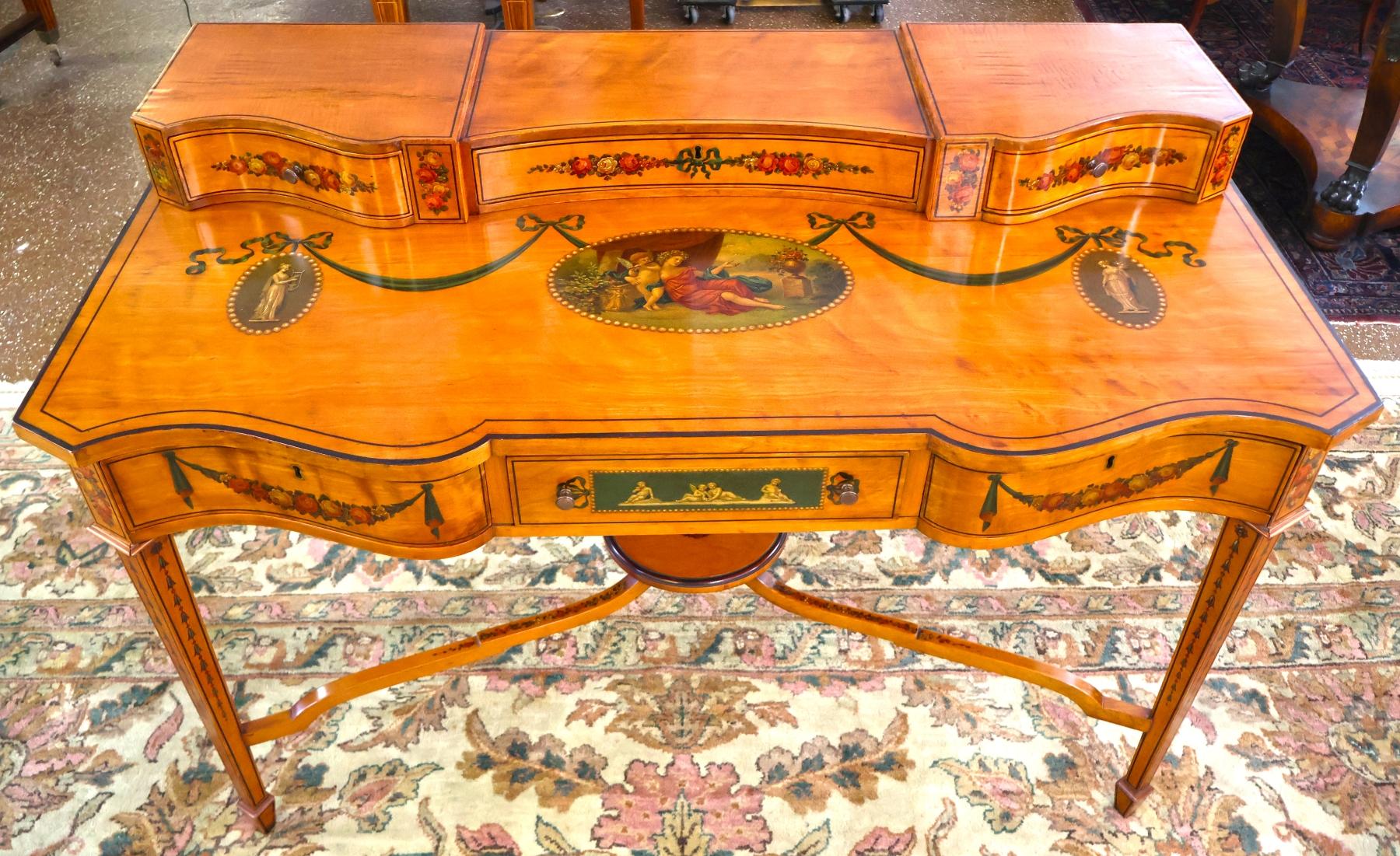 Siglo XIX Escritorio de madera de satén estilo Adam decorado con pintura inglesa siglo XIX en venta