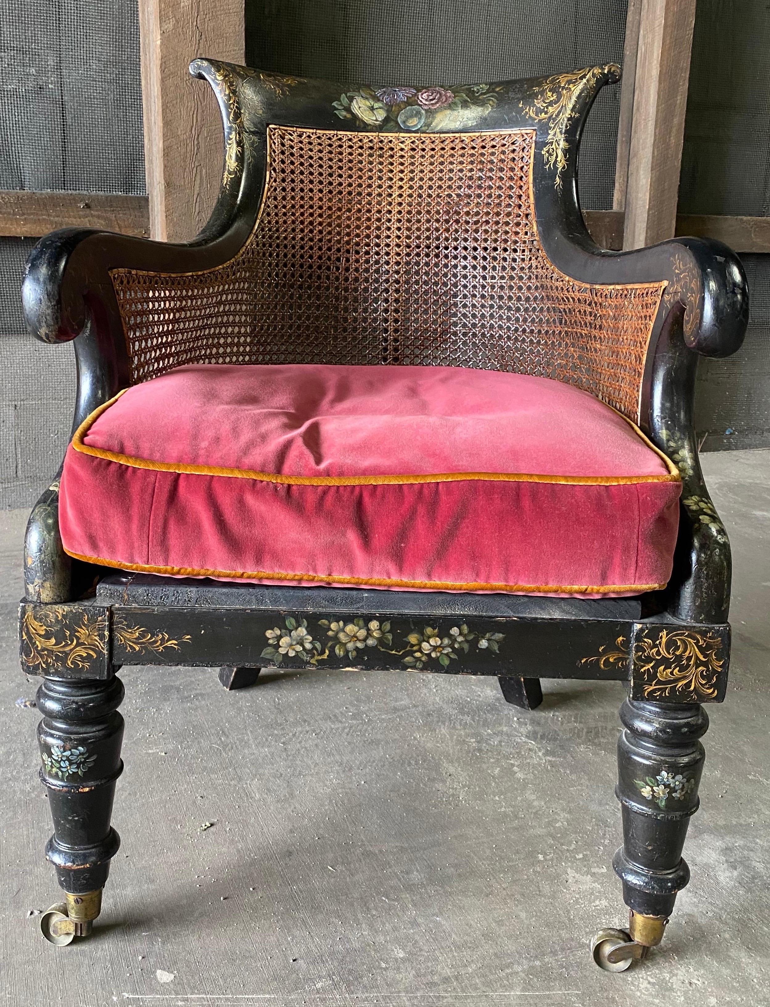 Caning 19th Century English Paint Decorated Caned Library Chair For Sale