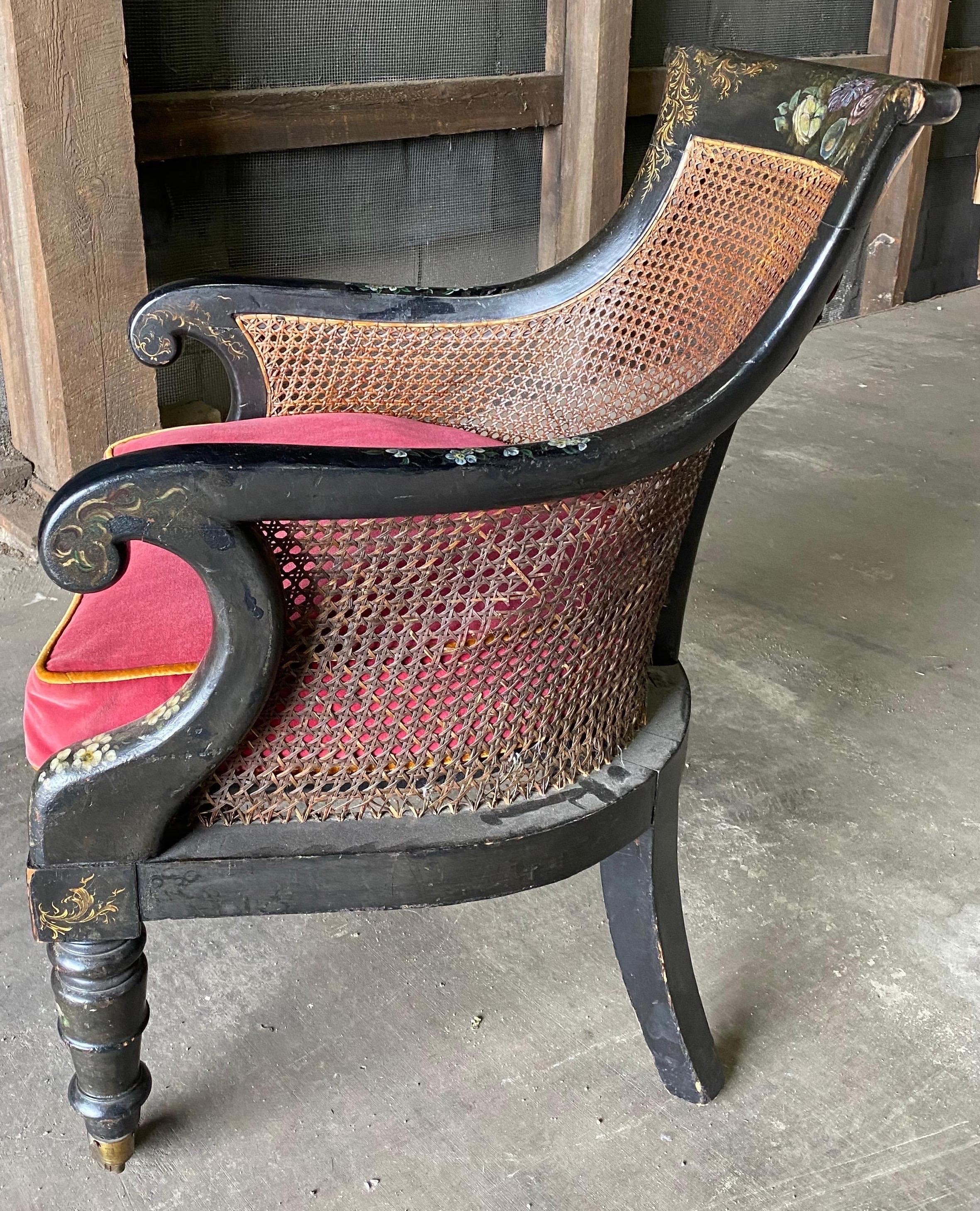 Wood 19th Century English Paint Decorated Caned Library Chair For Sale