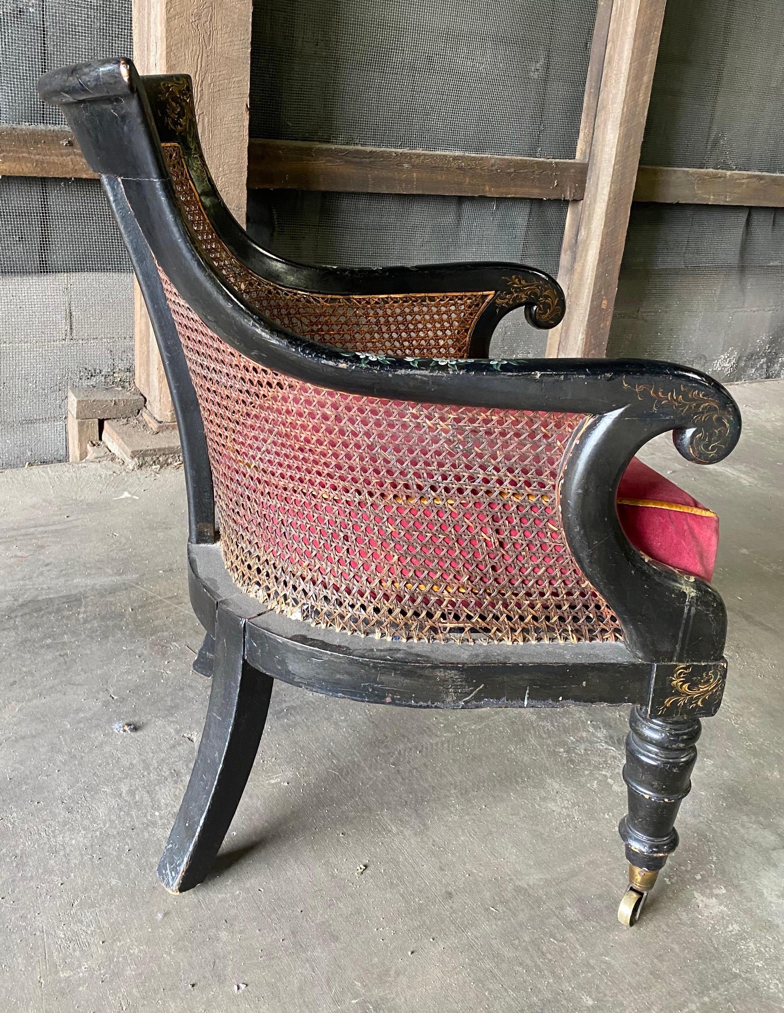 19th Century English Paint Decorated Caned Library Chair For Sale 2