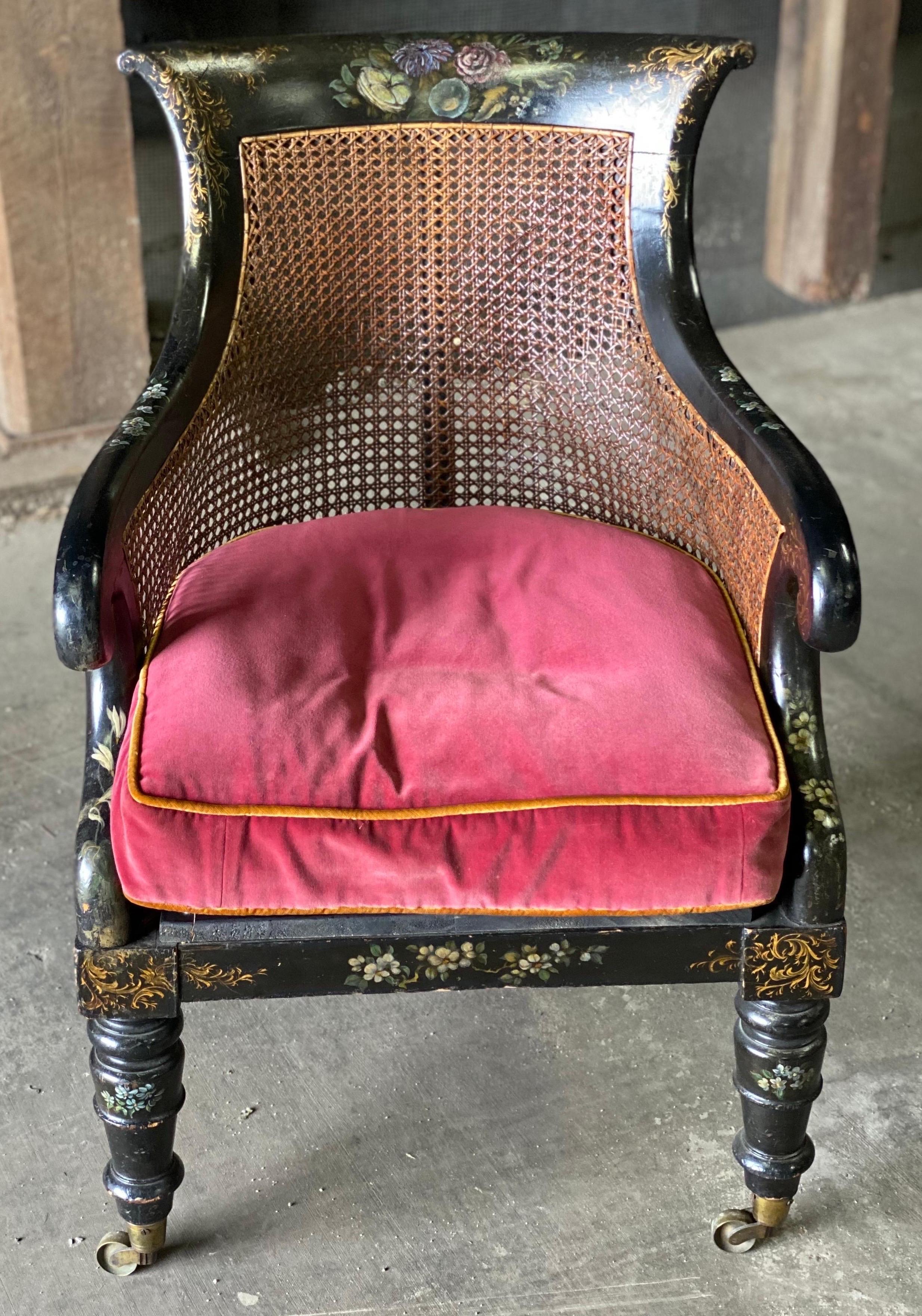 19th Century English Paint Decorated Caned Library Chair For Sale 3