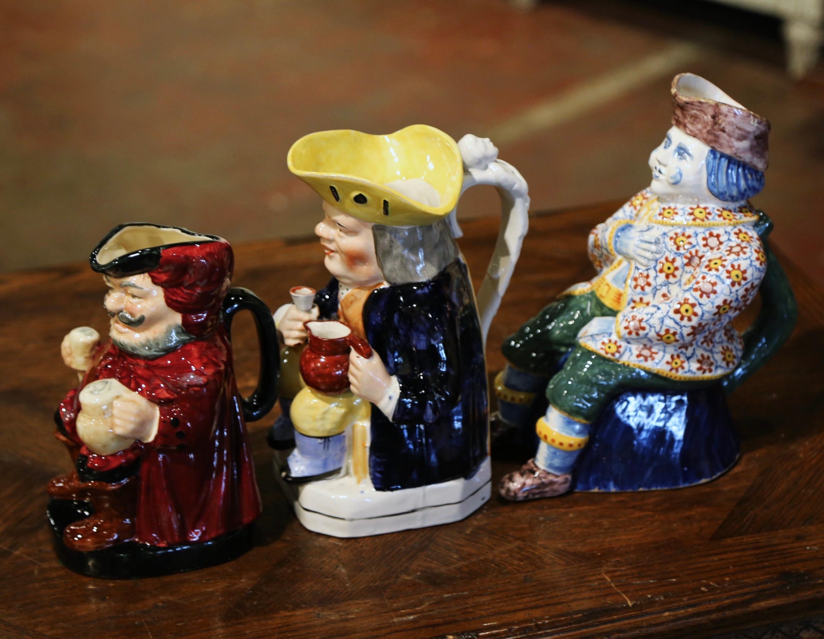 19th Century English Painted Ceramic Barbotine Pitchers, Set of Three For Sale 7