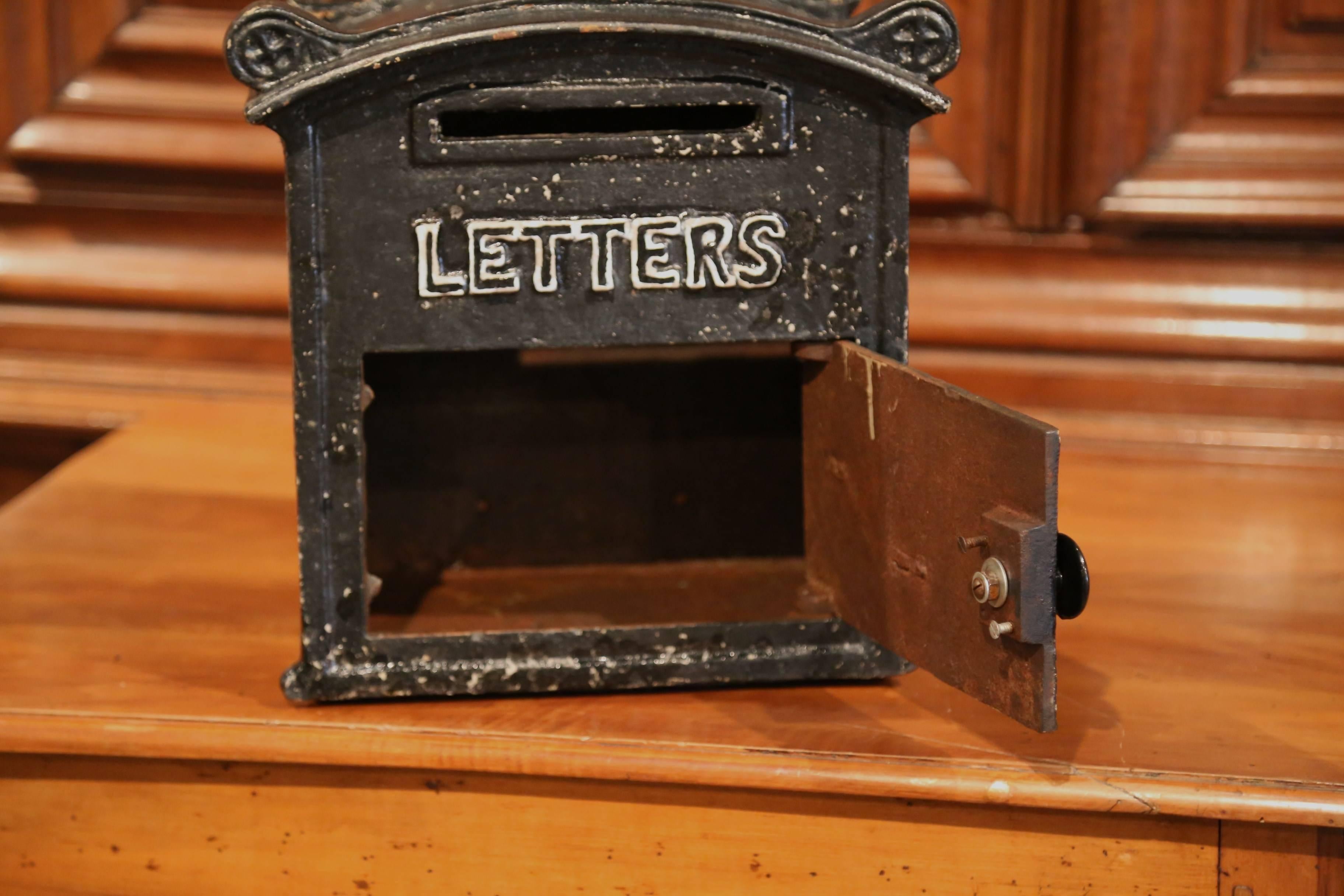 Patinated 19th Century English Painted Iron Wall Mailbox with Front Door and Letter Slot