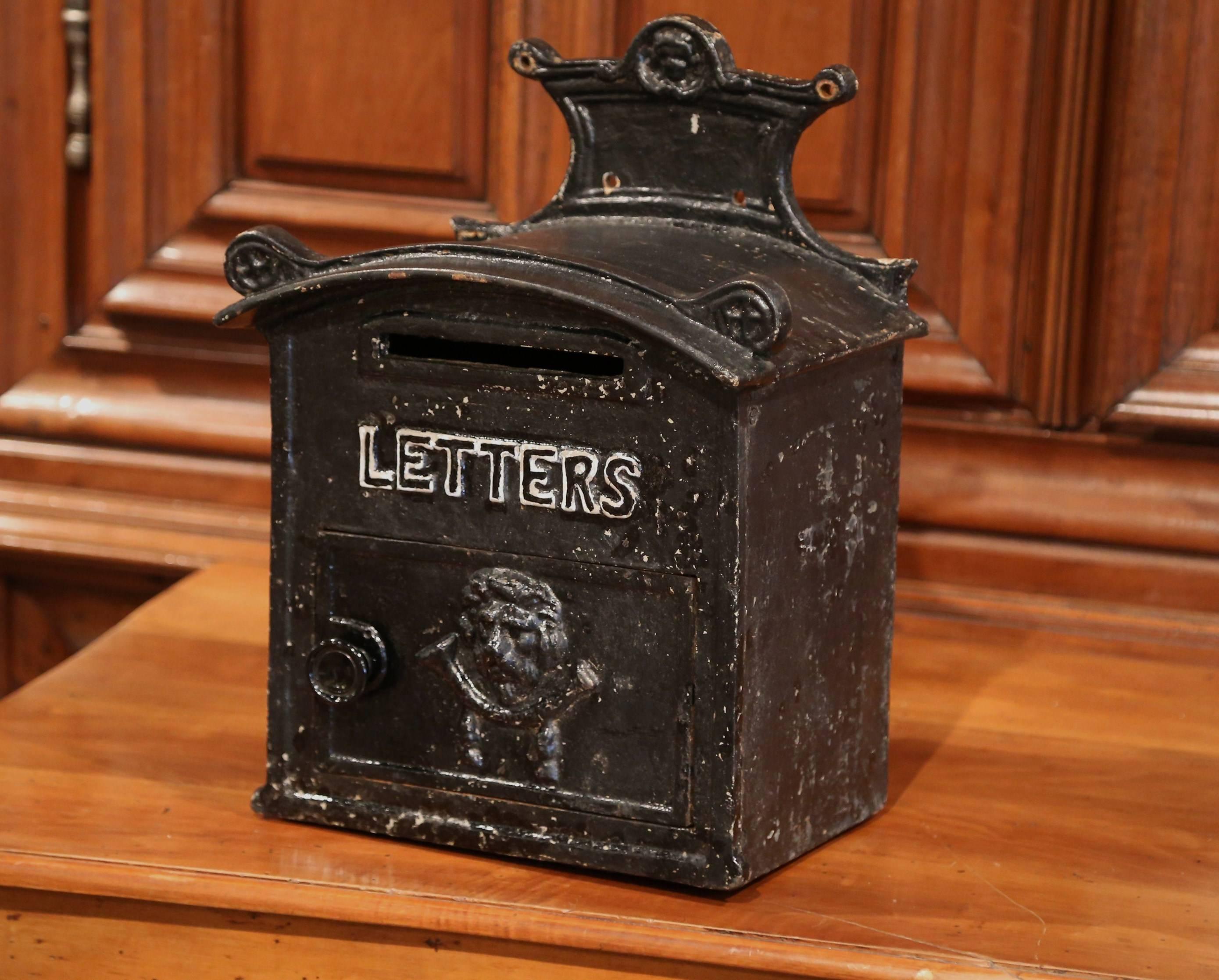 19th Century English Painted Iron Wall Mailbox with Front Door and Letter Slot In Excellent Condition In Dallas, TX