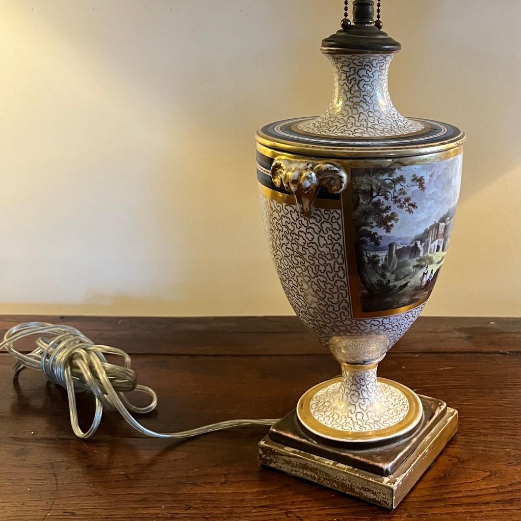 19th Century English Painted Porcelain Urn Converted to Table Lamp In Fair Condition In Morristown, NJ
