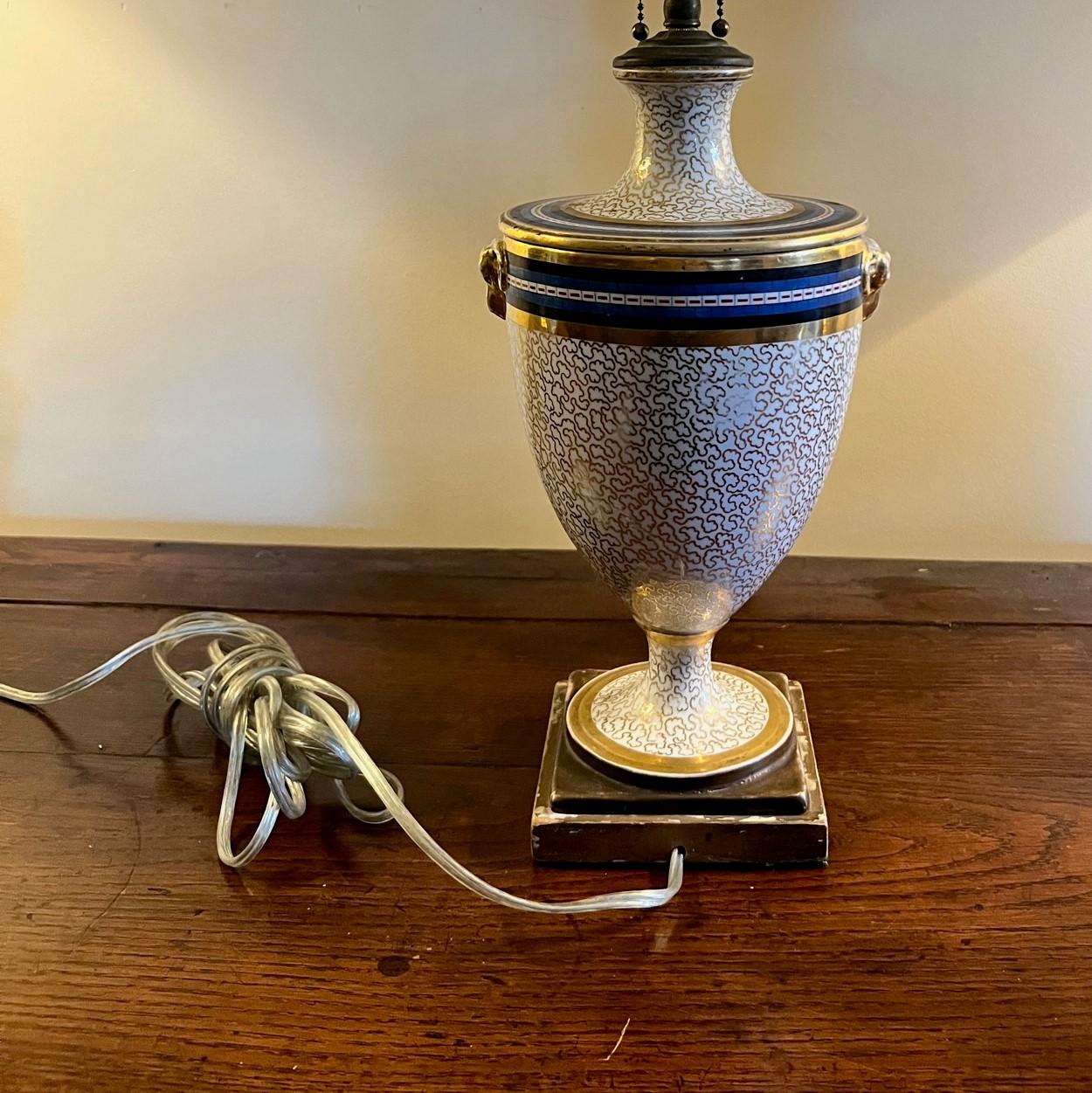 Brass 19th Century English Painted Porcelain Urn Converted to Table Lamp
