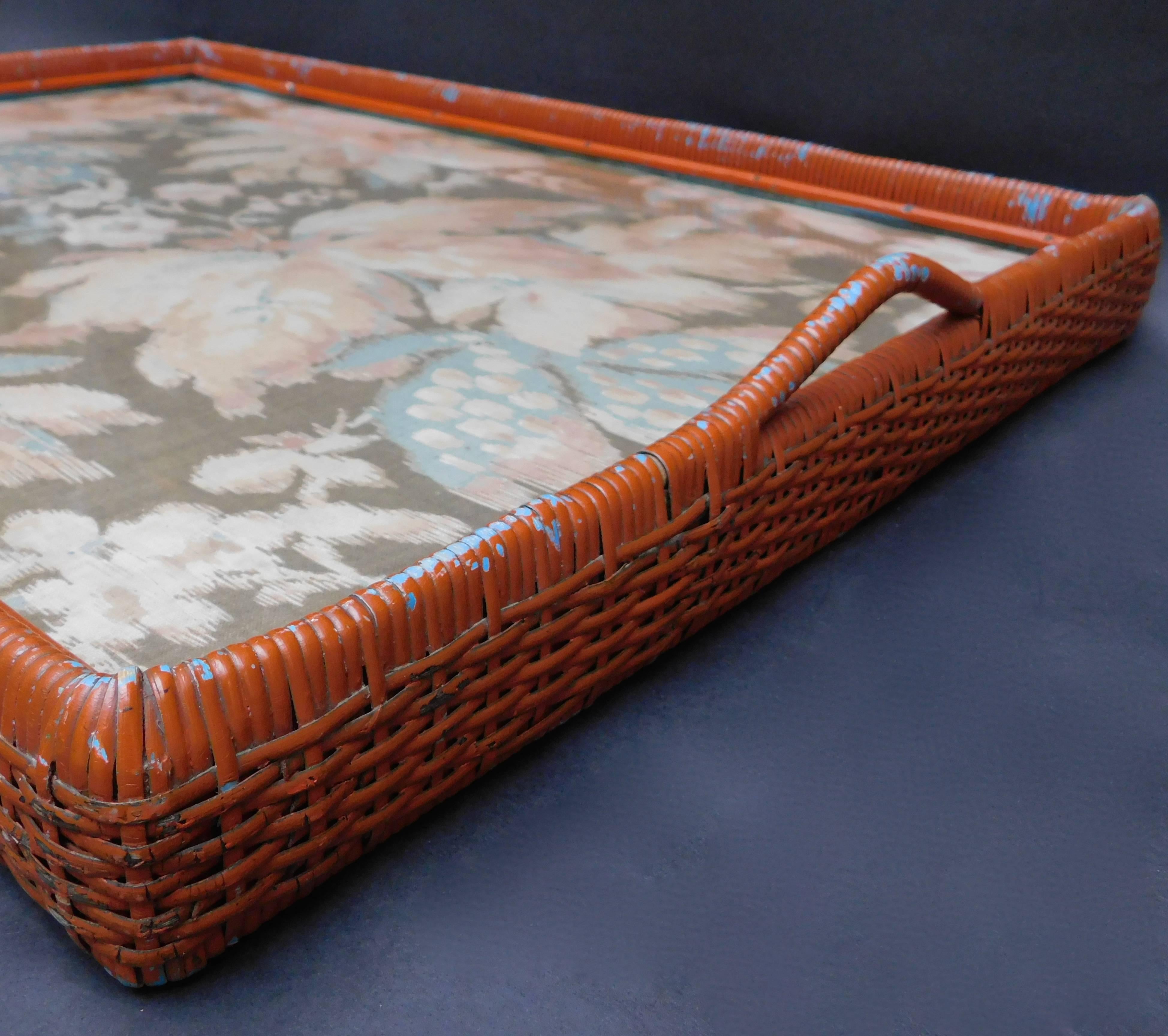 British 19th Century English Painted Wicker Tray with Original Ikat Textile under Glass For Sale