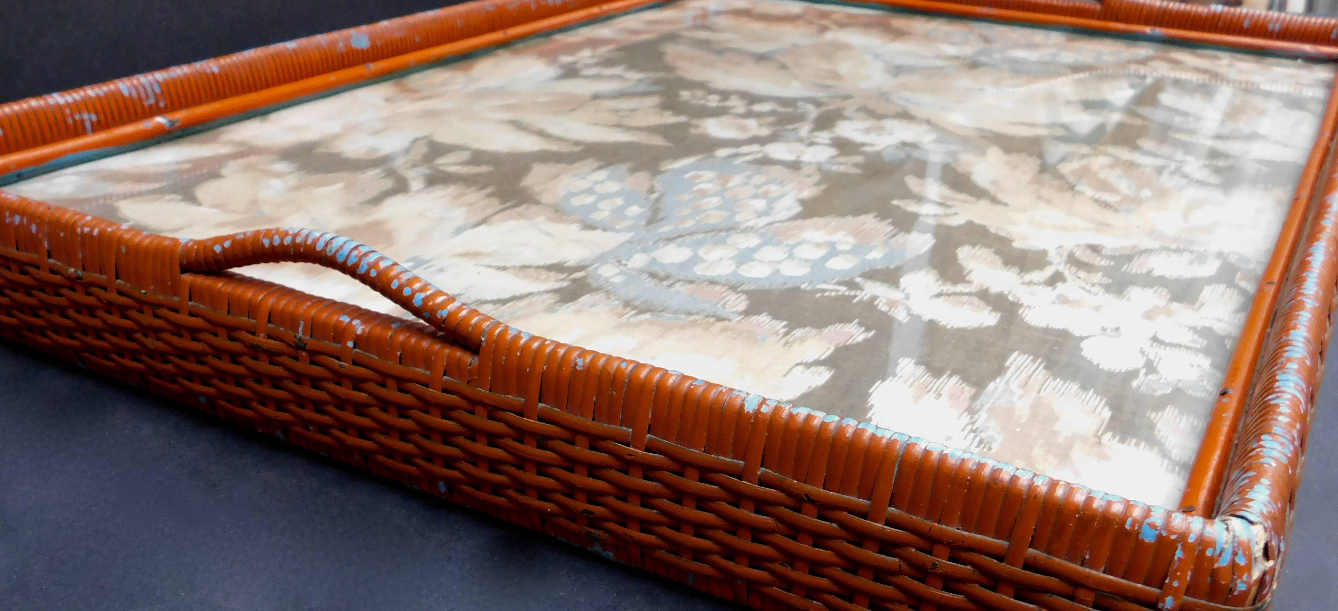 19th Century English Painted Wicker Tray with Original Ikat Textile under Glass For Sale 2