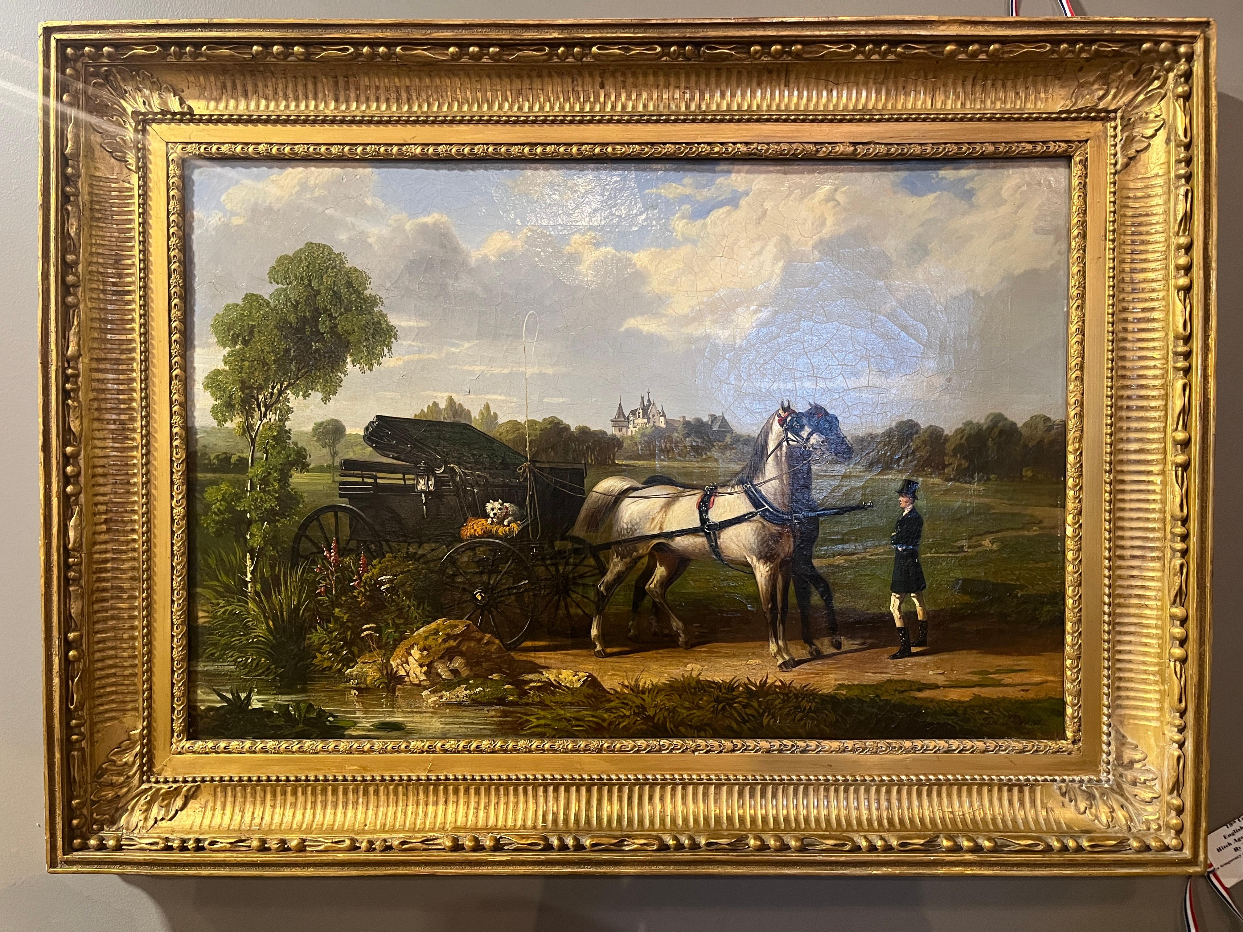 XIXe siècle Peinture anglaise du 19e siècle Hitch contre paysage par Tom Drake en vente