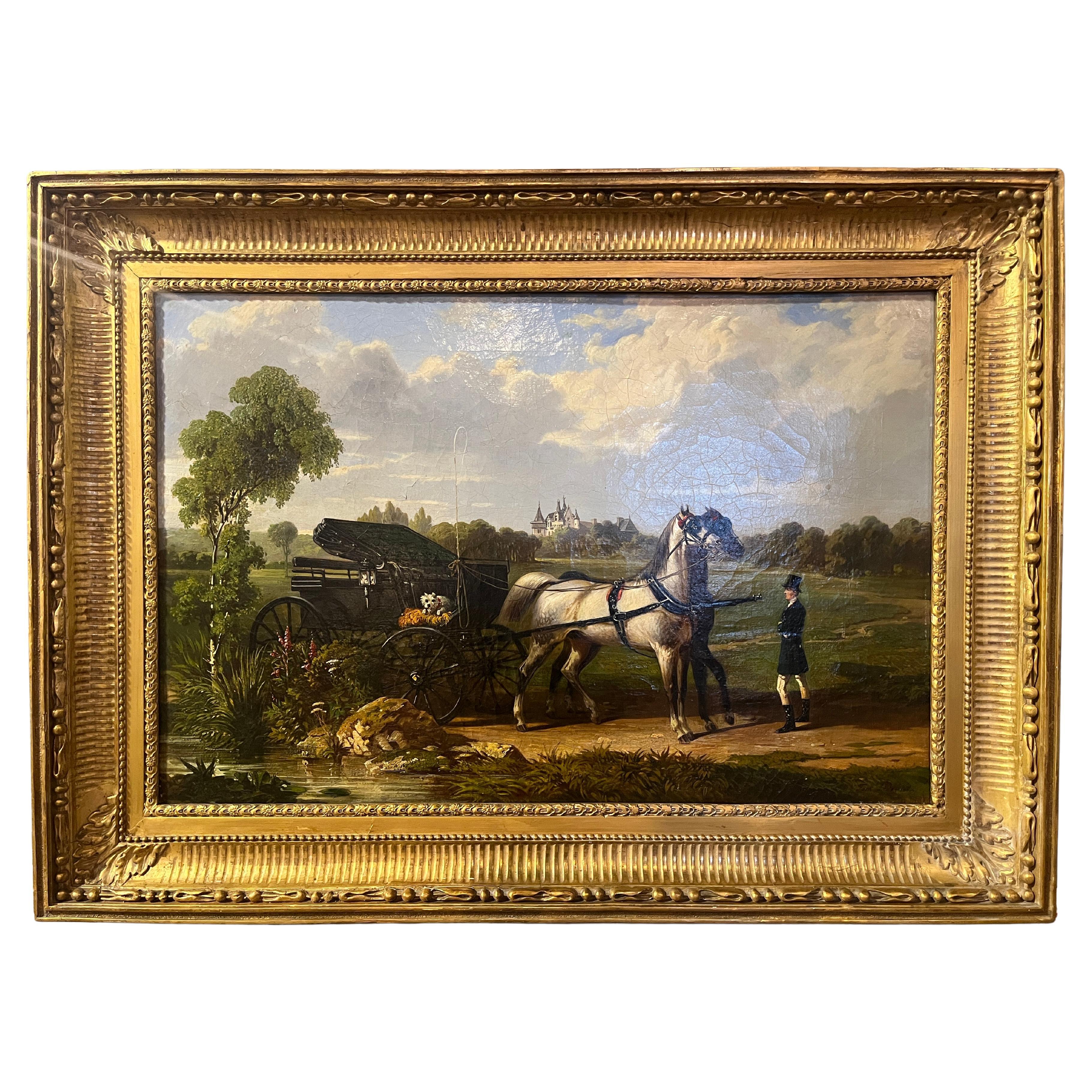 Pintura inglesa del siglo XIX Enganche contra el paisaje por Tom Drake
