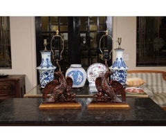 19th Century English Pair Carved Walnut Eagle Lamps With Gilded Bases