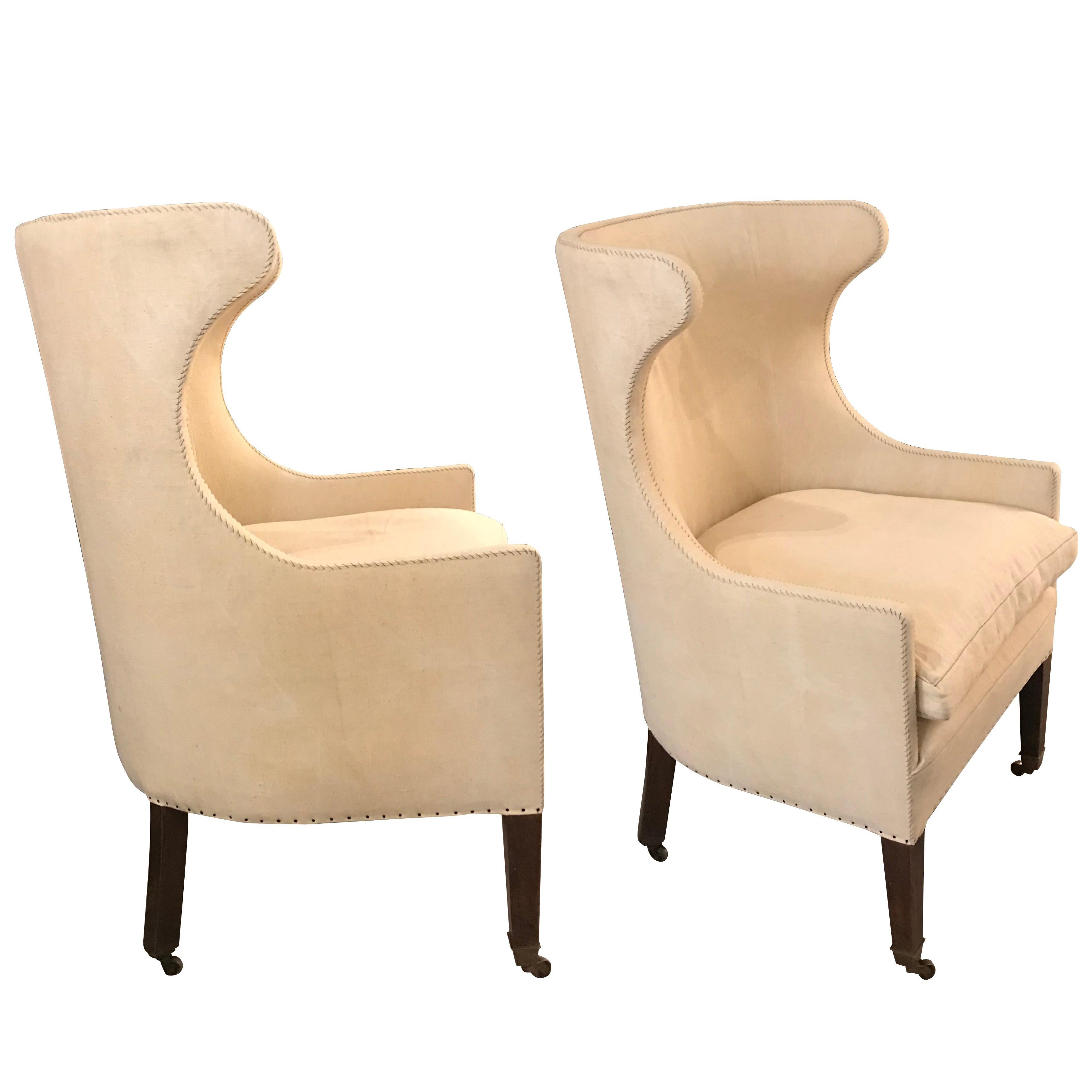 19th Century English Pair of Barrel Back Wing Chairs