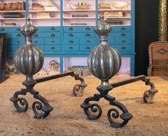 19th Century English Pair of Bronze and Iron Fireplace Andiron Firedogs