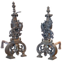 Retro 19th Century English Pair of Bronze Fireplace Firedogs Andiron