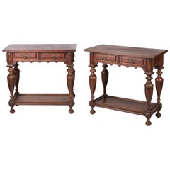19th Century English Pair of Oak Side Tables with Two Drawers 
