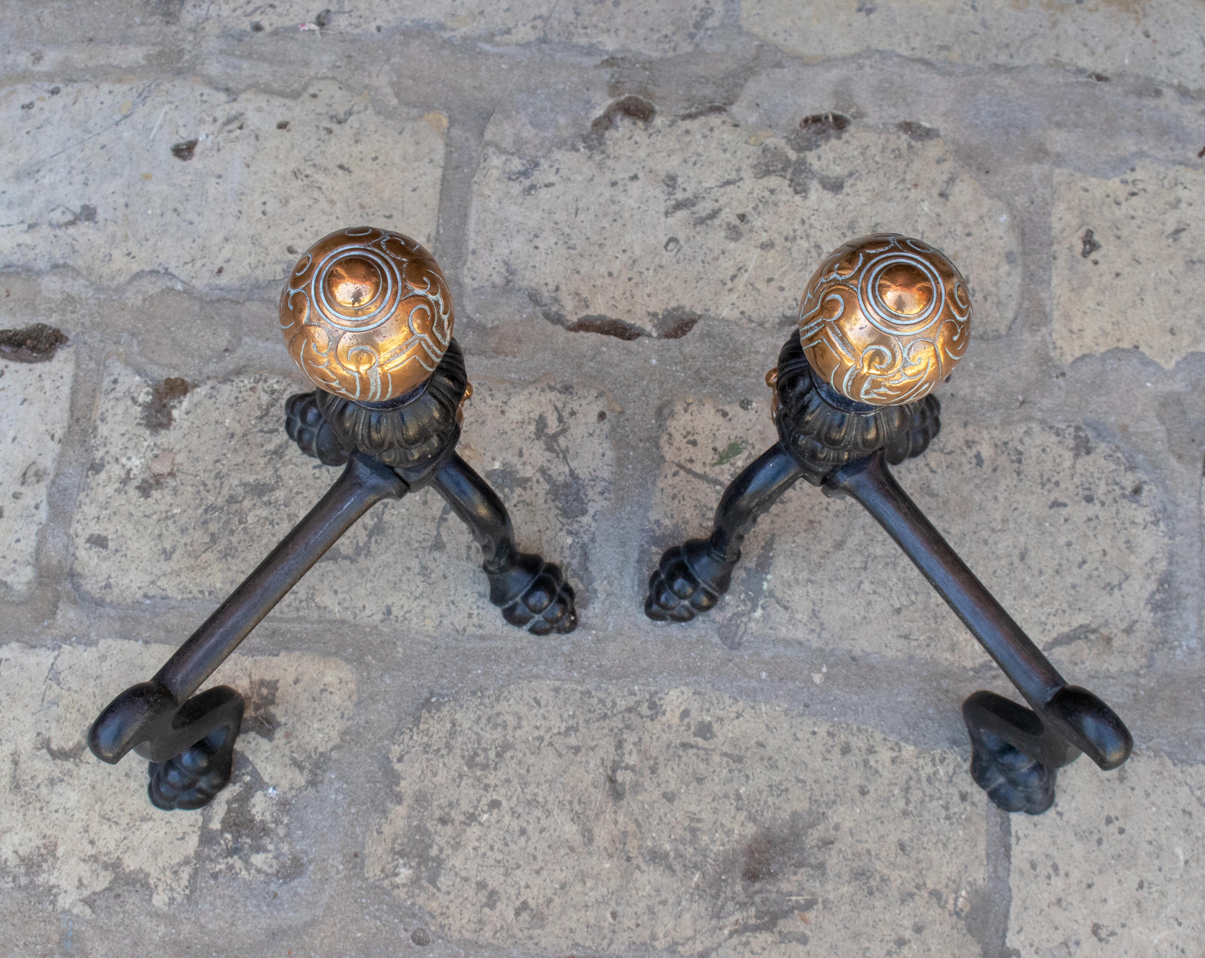 French 19th Century English Pair of Wrought Iron Grates with Brass Fittings