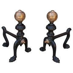 19th Century English Pair of Wrought Iron Grates with Brass Fittings