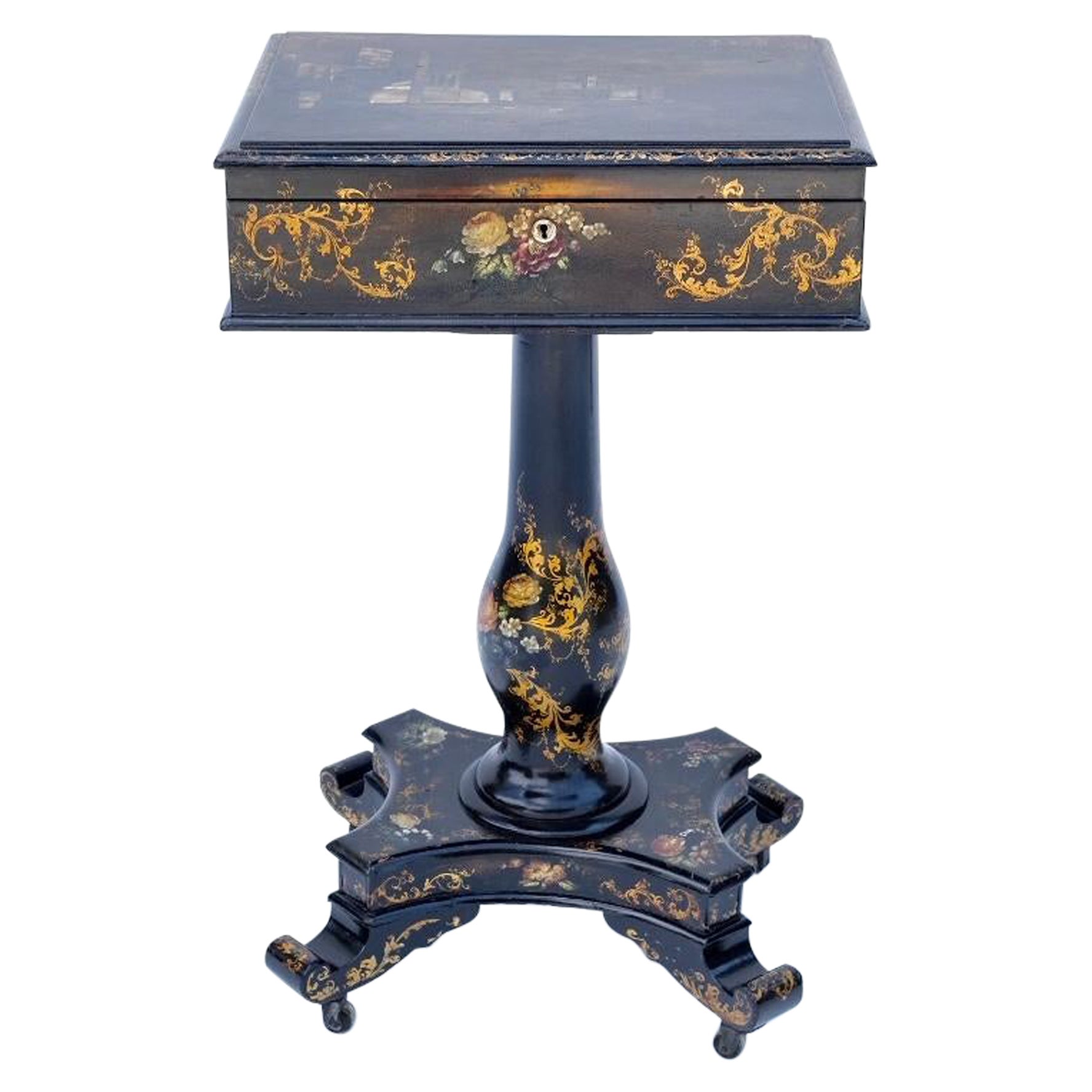 Mesa de costura inglesa de papel maché del siglo XIX