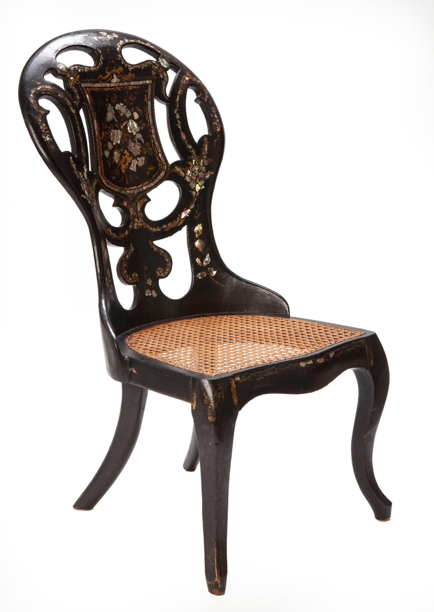 Hand-Crafted 19th Century English Papier Mâché Mother of Pearl Inlaid Chair