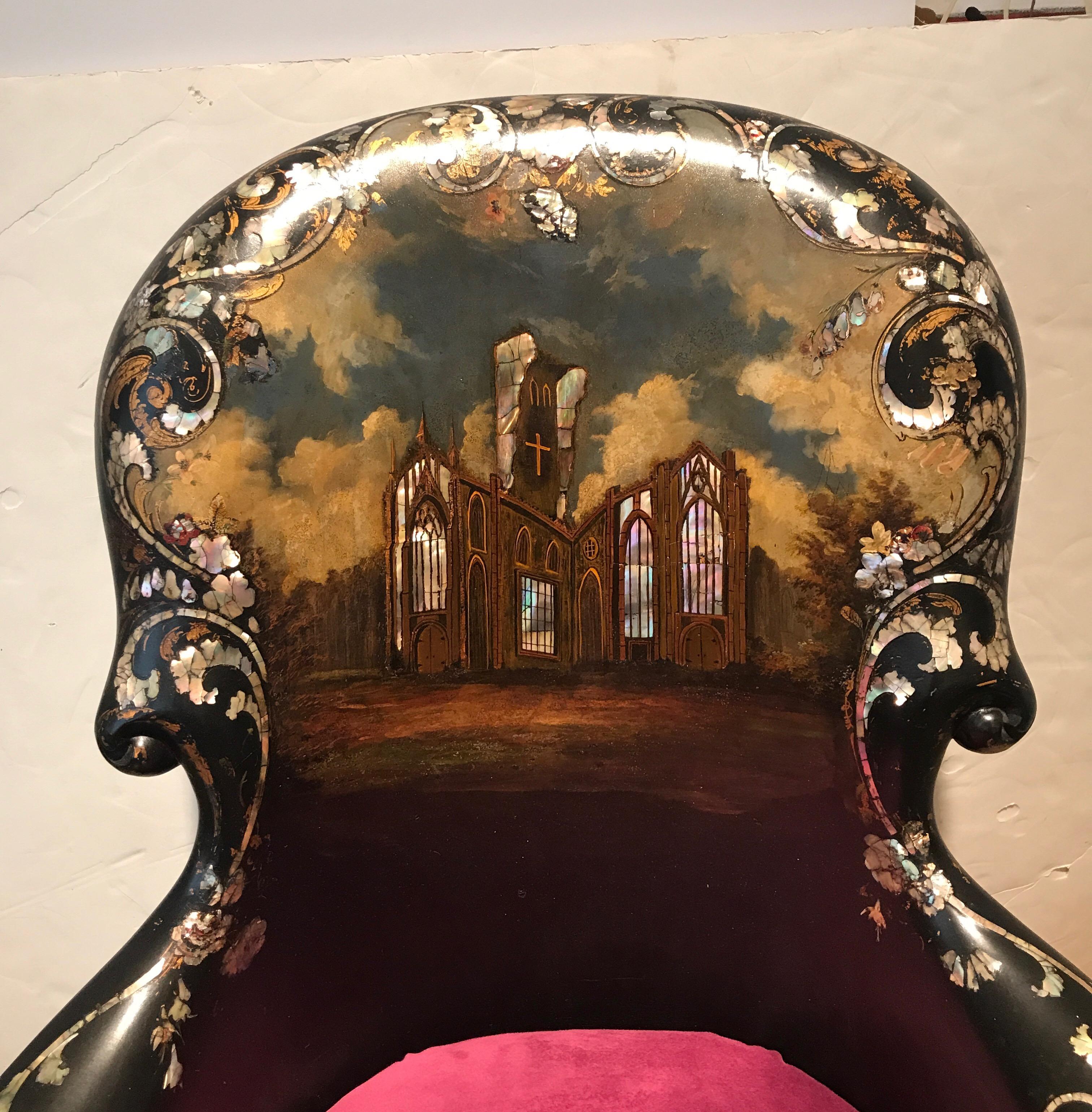 Chaise anglaise du 19ème siècle en papier mâché incrusté de nacre Excellent état - En vente à Lambertville, NJ
