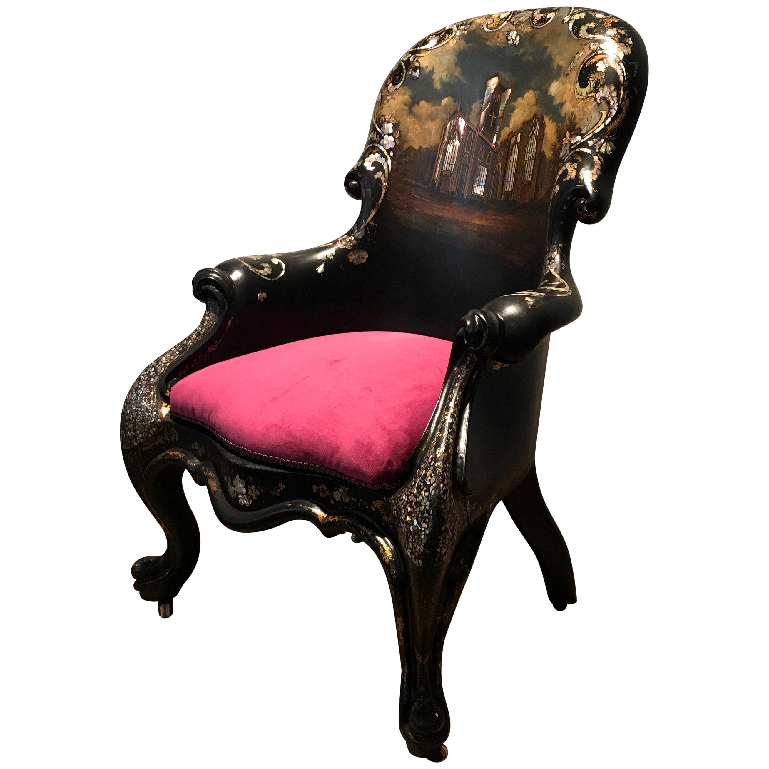 Chaise anglaise du 19ème siècle en papier mâché incrusté de nacre en vente