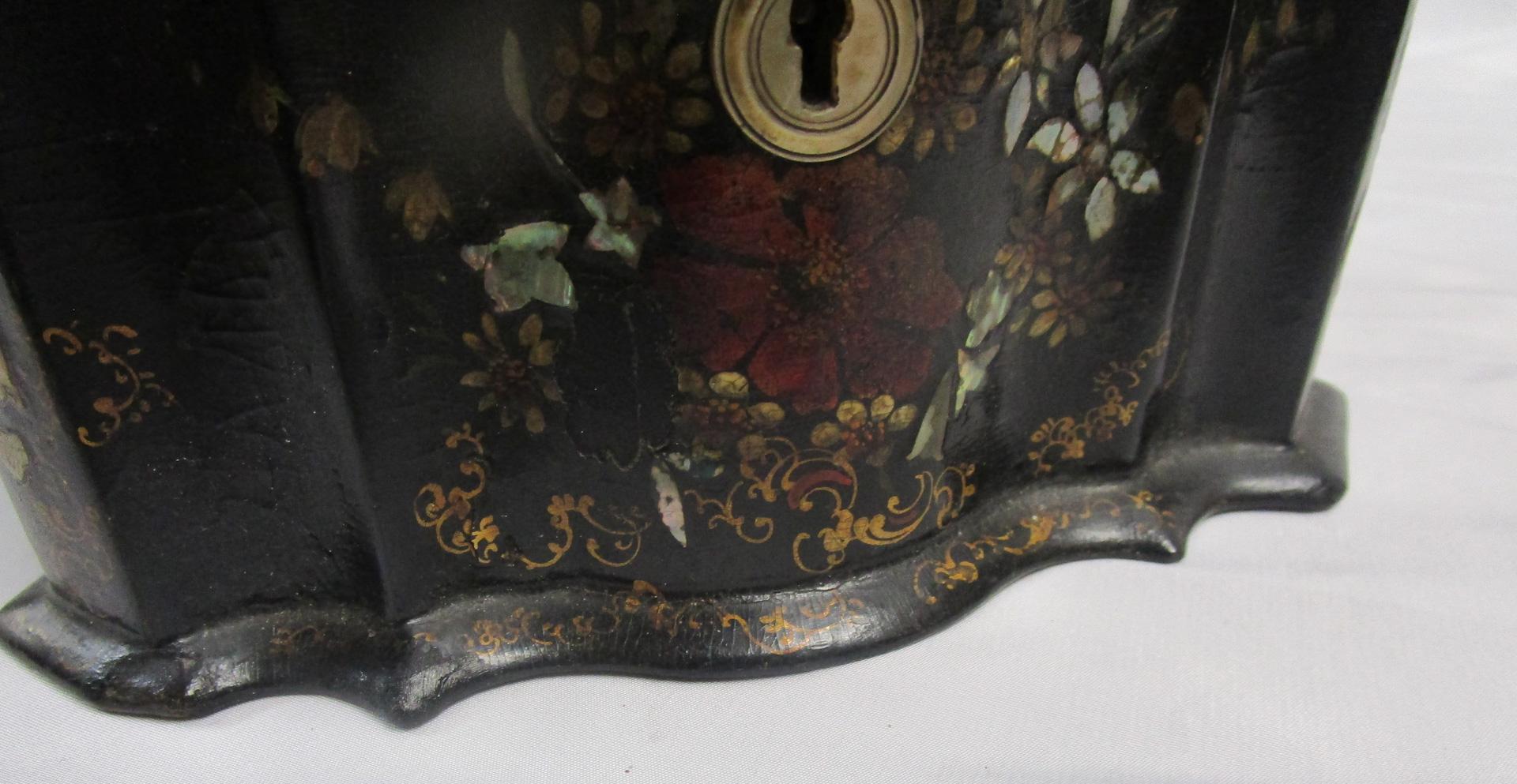 19th Century English Papier Mâché Tea Caddy with Abalone Inlay 1
