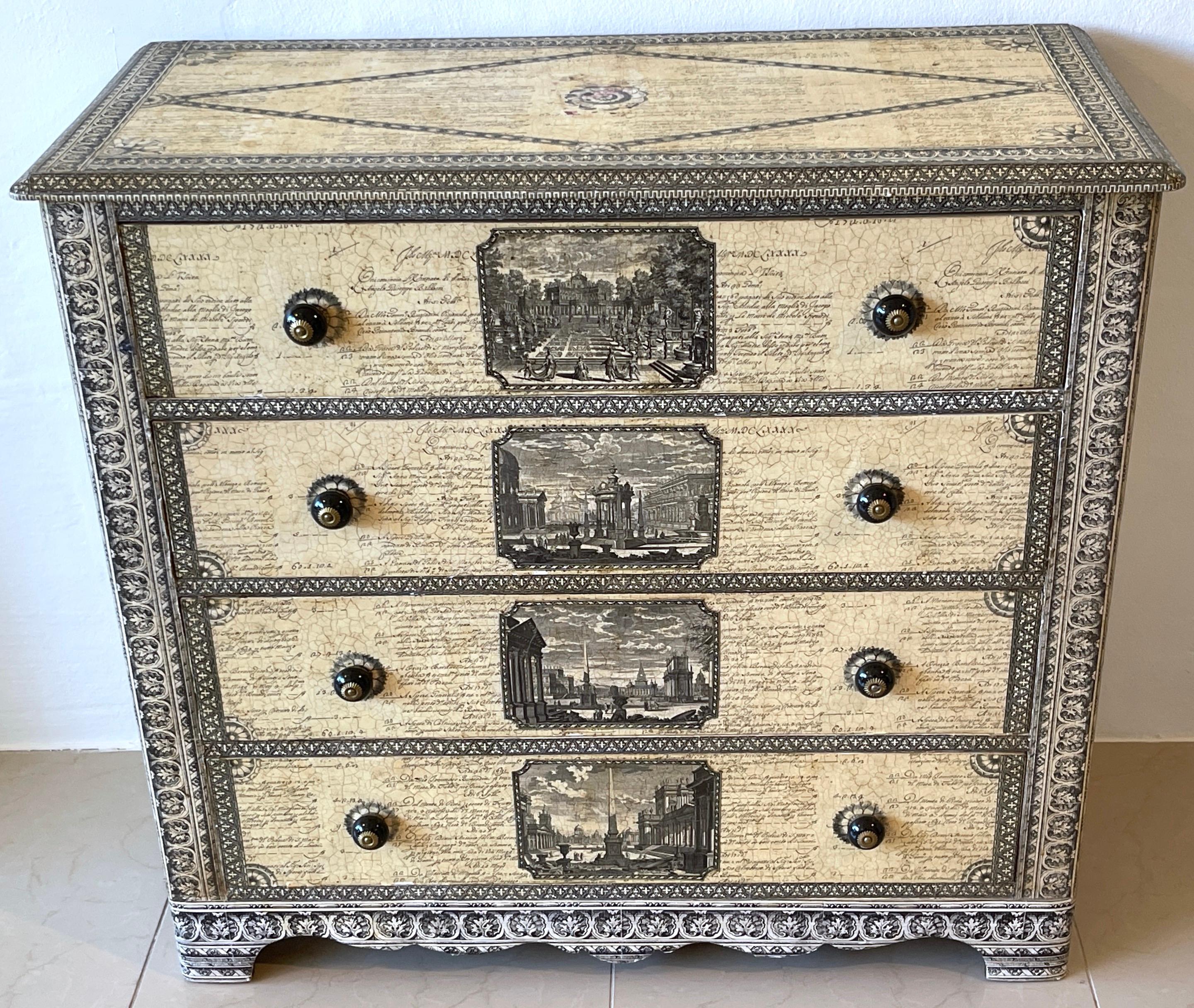 19th Century English Parchment Piranesi Style Decoupage Chest of Drawers 
The chest English, 19th Century, the Applied  'Piranesi' Decoupage added 20th C

A subtle and intricate work with all over applied Neo -Classical views in the style Piranesi.