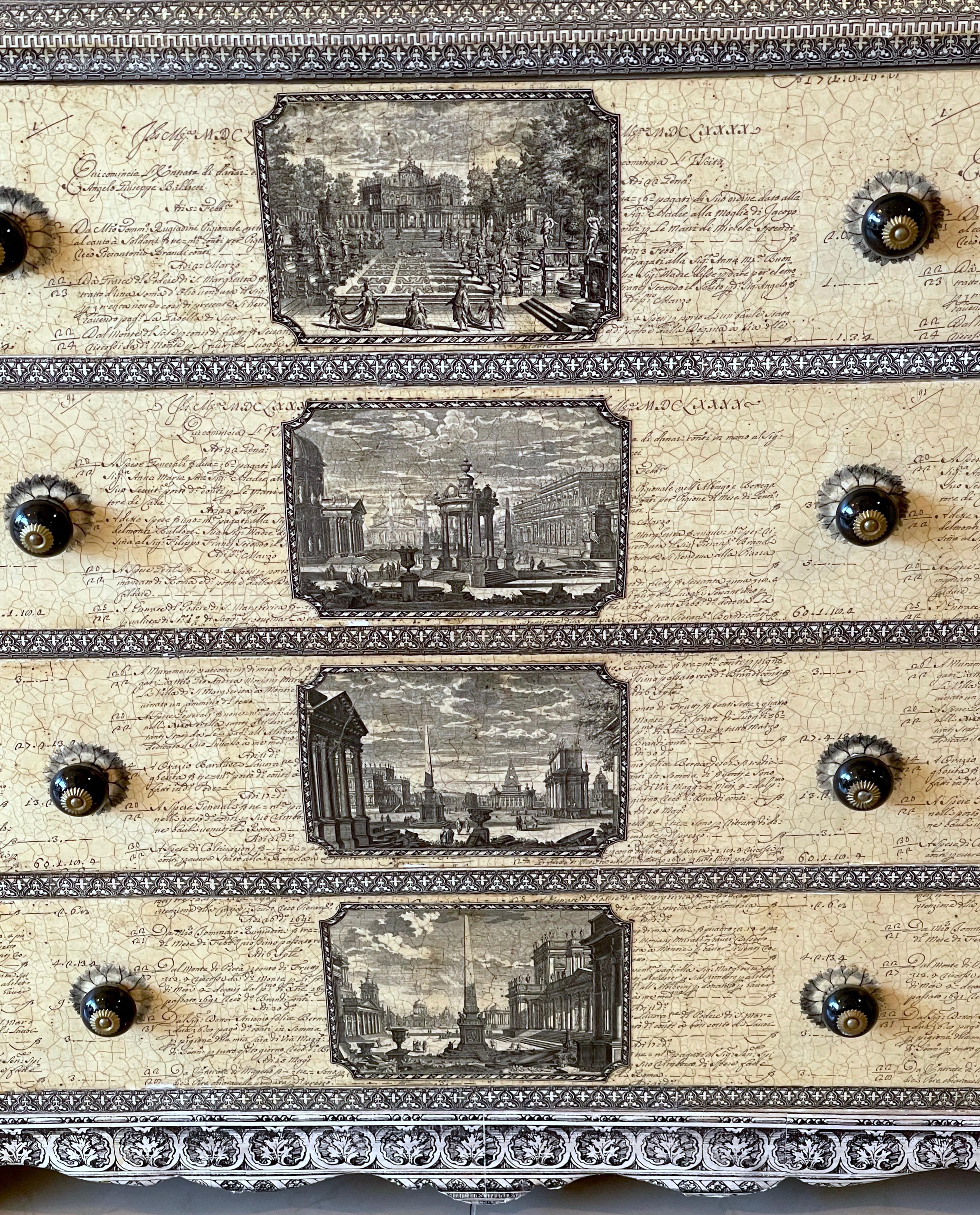 Neoclassical 19th Century English Parchment Piranesi Style Decoupage Chest of Drawers 