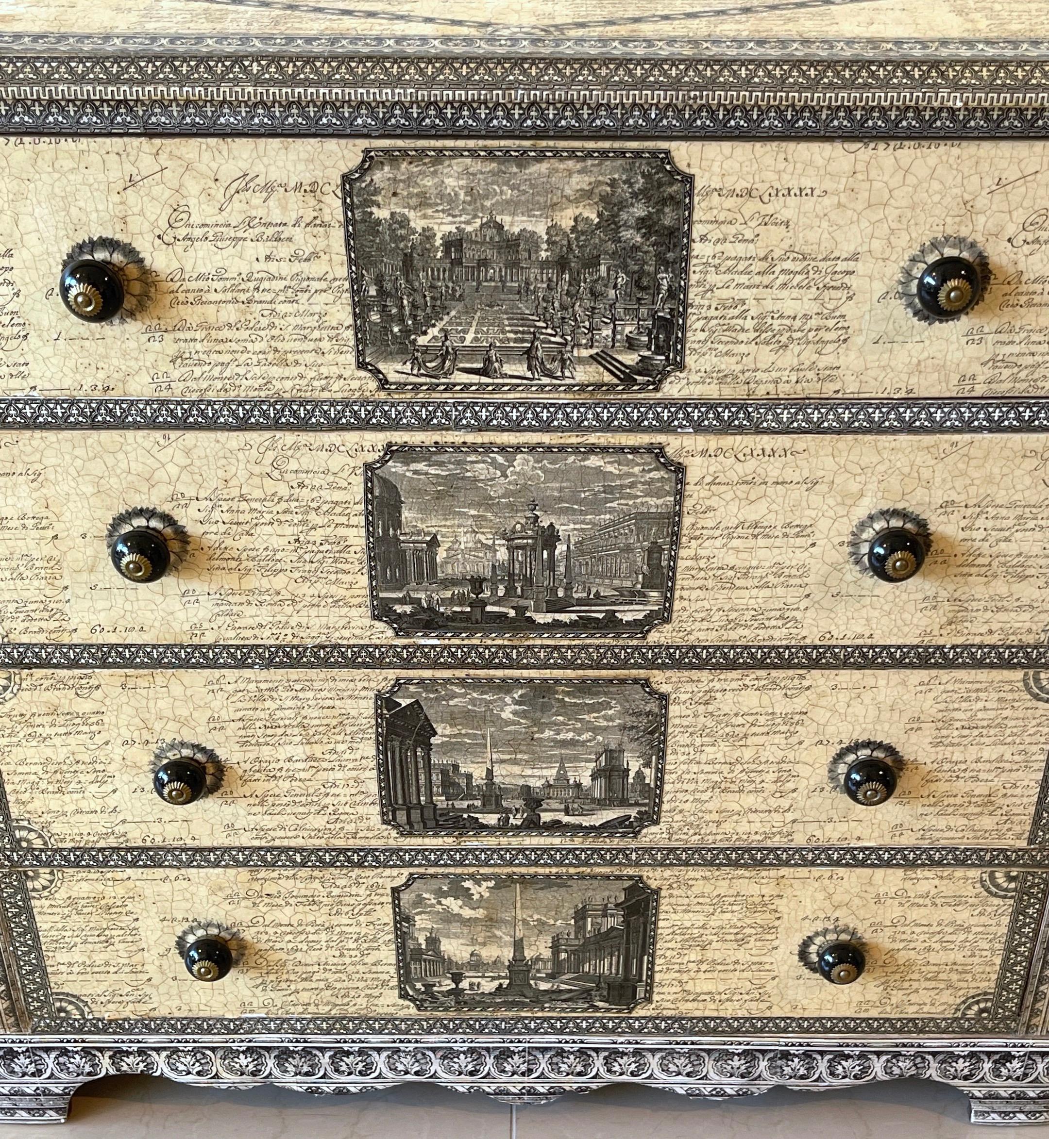 19th Century English Parchment Piranesi Style Decoupage Chest of Drawers  In Good Condition In West Palm Beach, FL