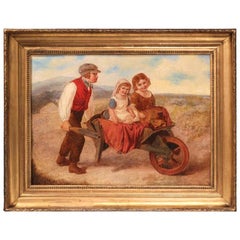 19th Century English Pastoral Scene Oil Painting in Gilt Frame Signed A. Green