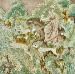 Broderie en laine pastorale anglaise du 19e siècle avec cheval, chiens et lapins