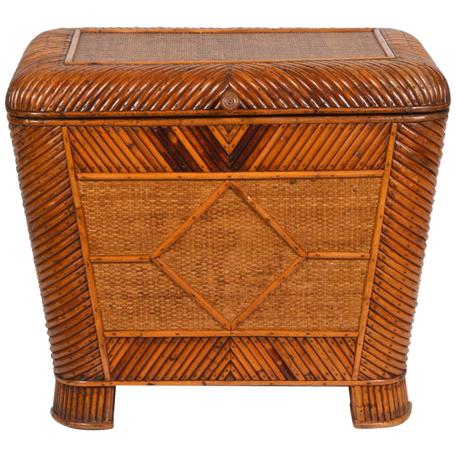 19th Century English Patterned Bamboo and Raffia Weave Covered Storage Box