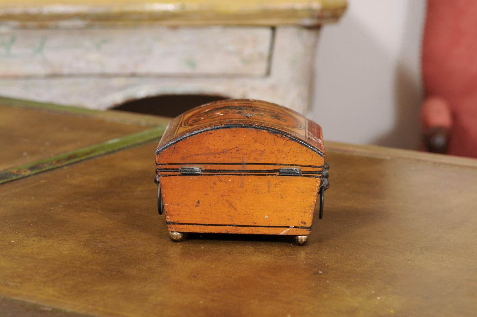 19th Century English Penwork Box with Lion’s Head Handles & Brass Ball Feet For Sale 7