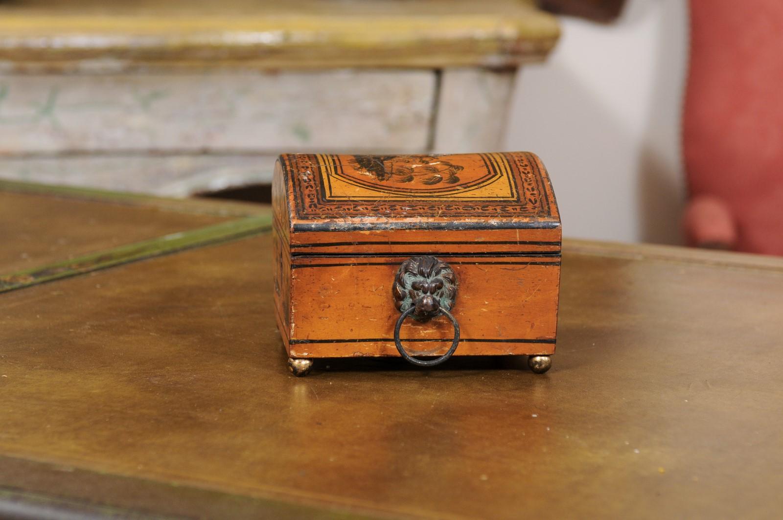 19th Century English Penwork Box with Lion’s Head Handles & Brass Ball Feet In Good Condition For Sale In Atlanta, GA