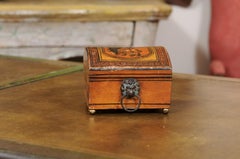 19th Century English Penwork Box with Lion’s Head Handles & Brass Ball Feet