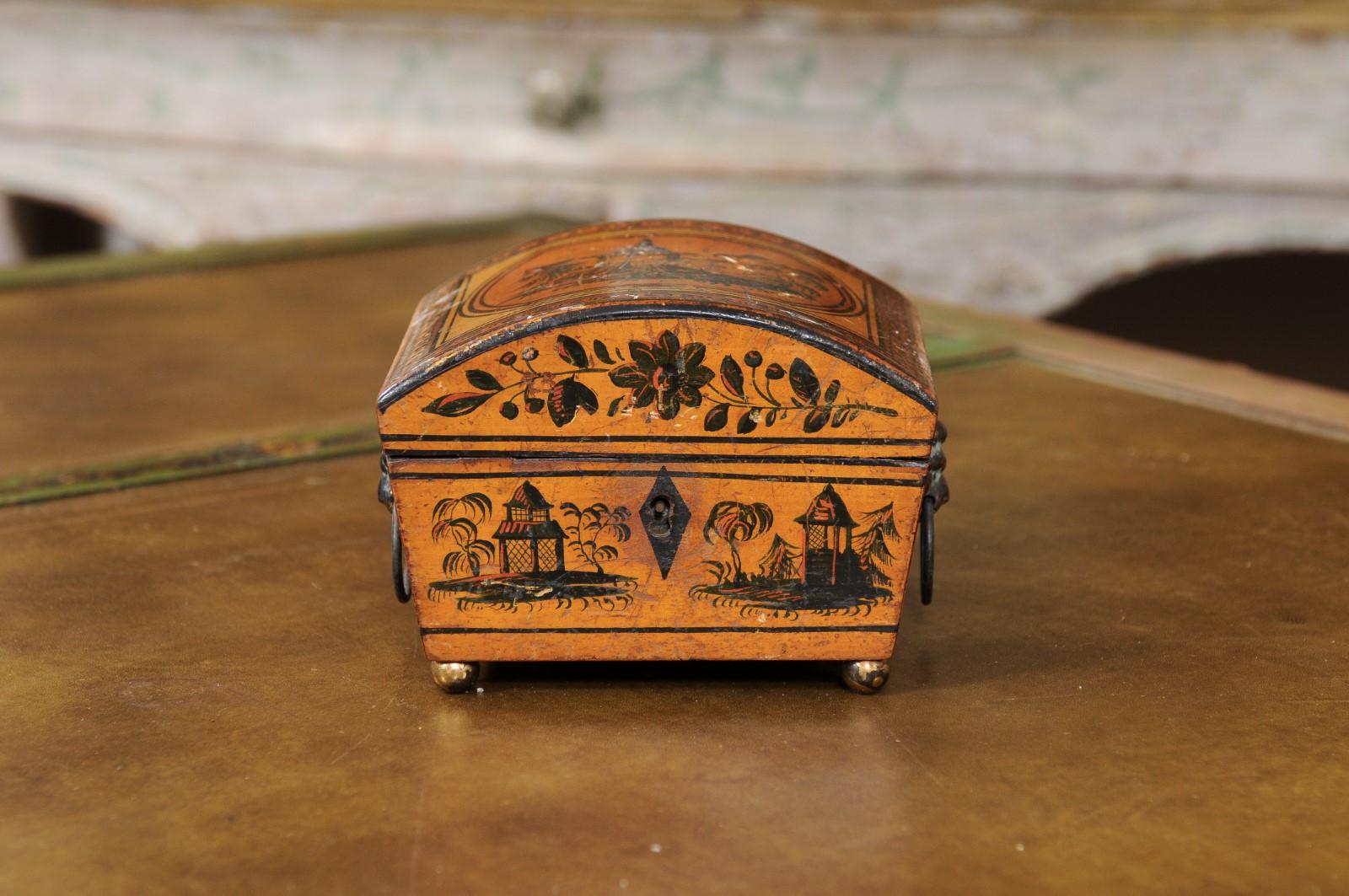 Wood 19th Century English Penwork Box with Lion’s Head Handles & Brass Ball Feet For Sale