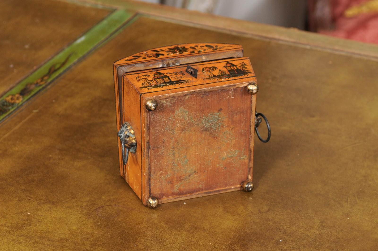 19th Century English Penwork Box with Lion’s Head Handles & Brass Ball Feet For Sale 1