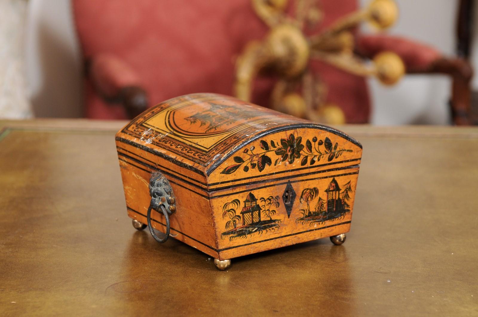 19th Century English Penwork Box with Lion’s Head Handles & Brass Ball Feet For Sale 2