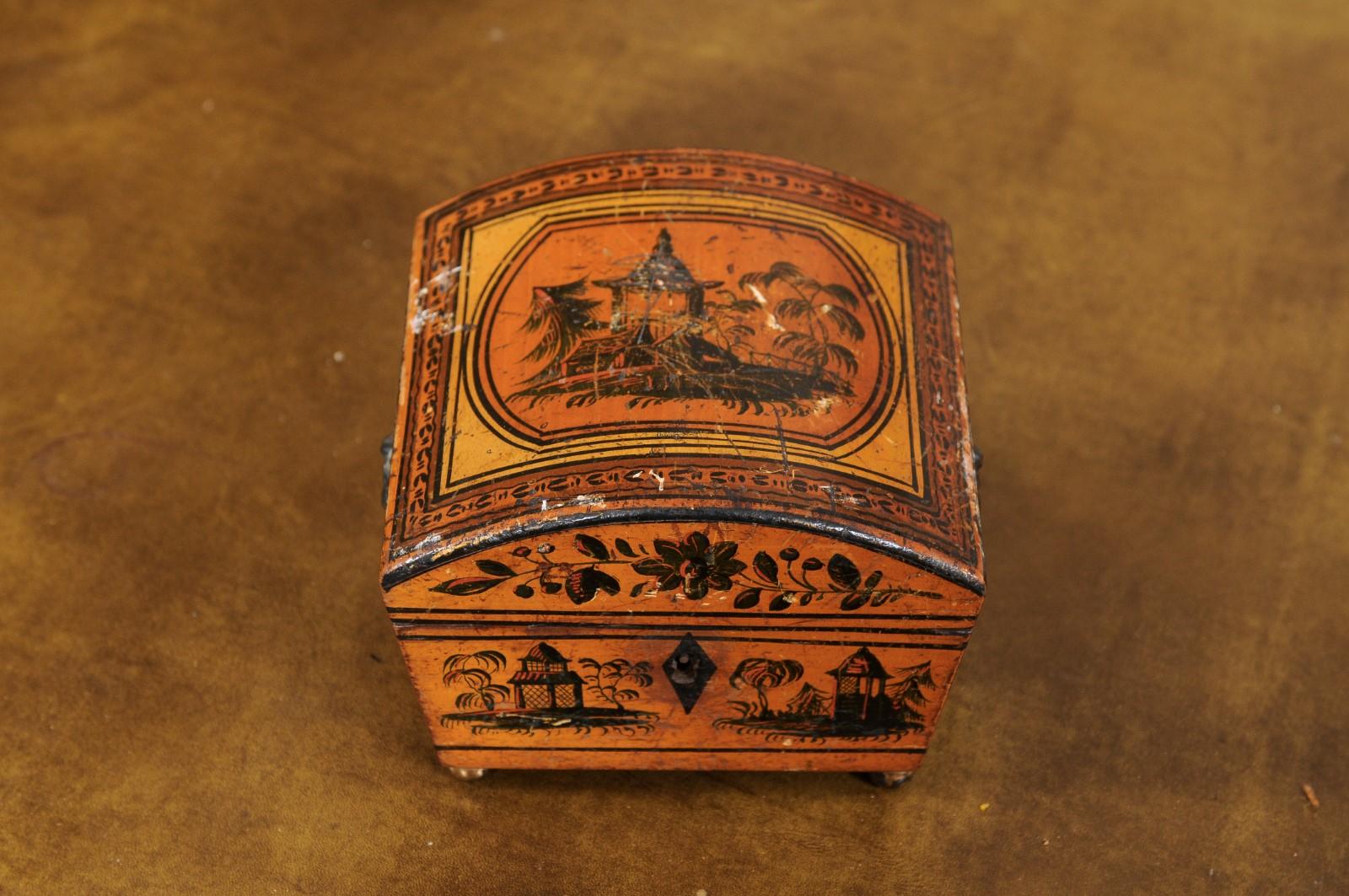 19th Century English Penwork Box with Lion’s Head Handles & Brass Ball Feet For Sale 3