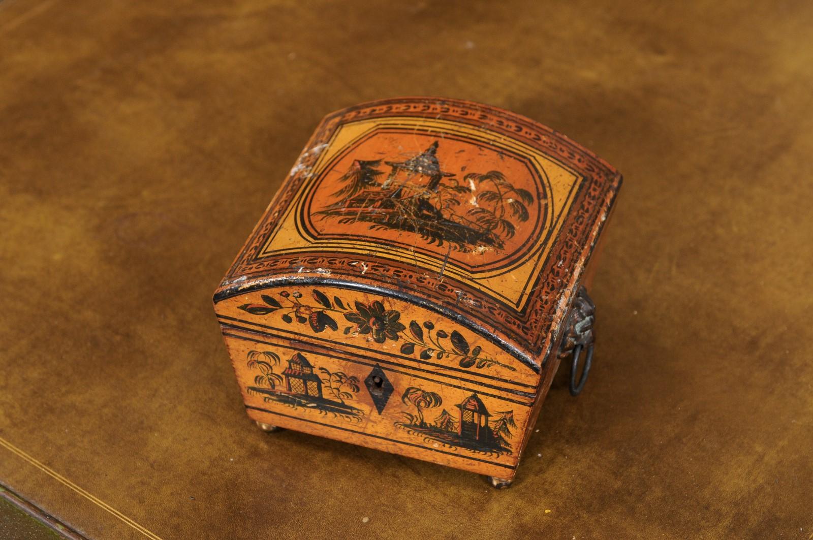 19th Century English Penwork Box with Lion’s Head Handles & Brass Ball Feet For Sale 4