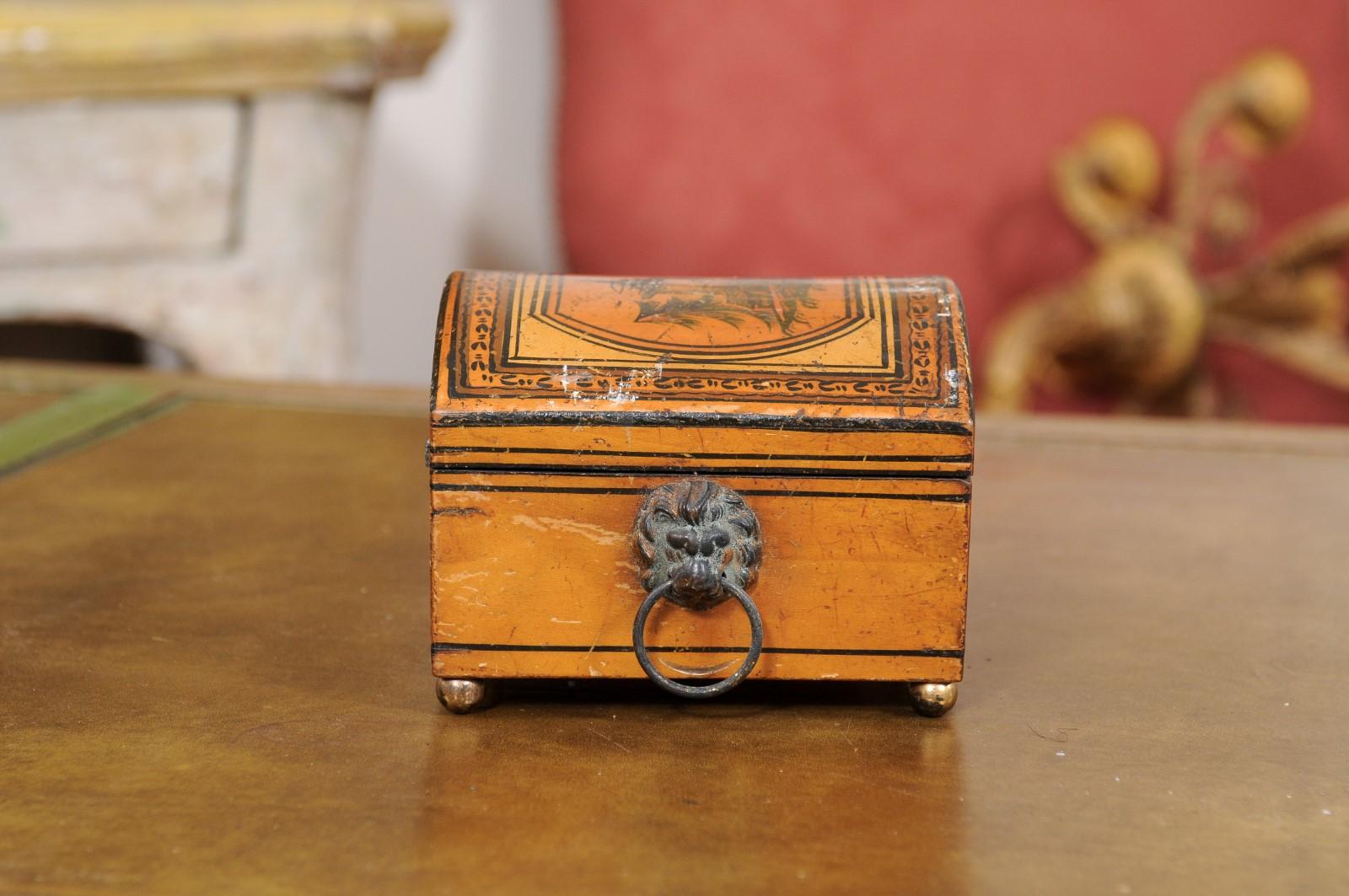 19th Century English Penwork Box with Lion’s Head Handles & Brass Ball Feet For Sale 6